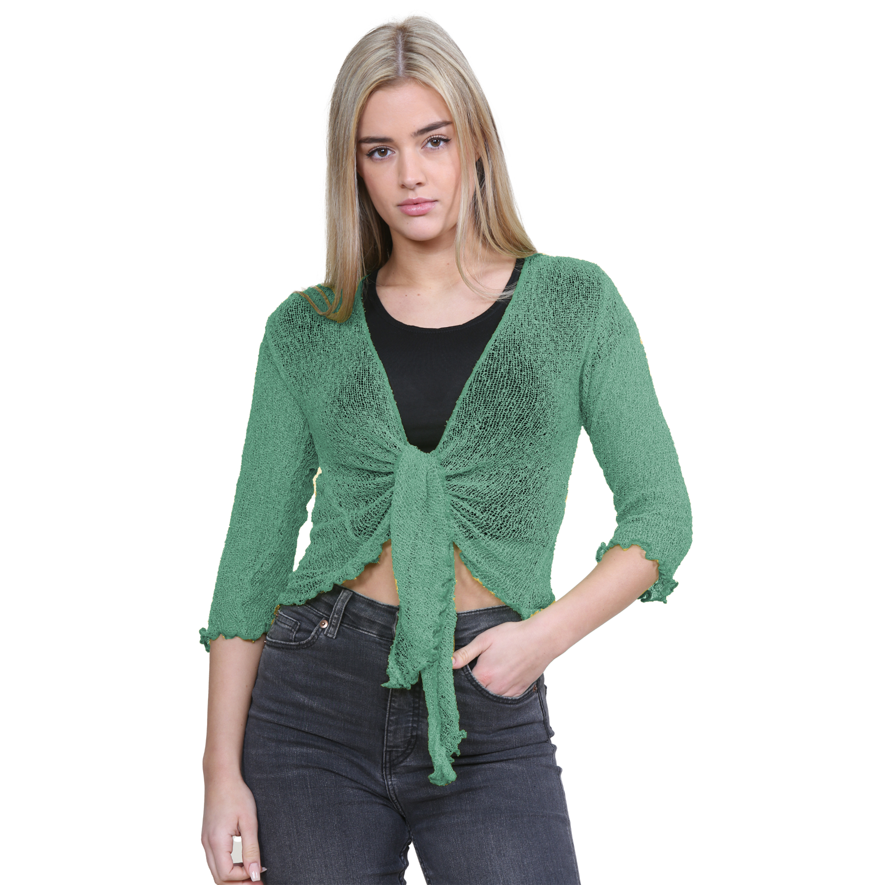 Womens Open Front Tie Up Shrug 3/4 Sleeve Fine Knit Cropped Bolero Cardigan Top - Picture 156 of 211