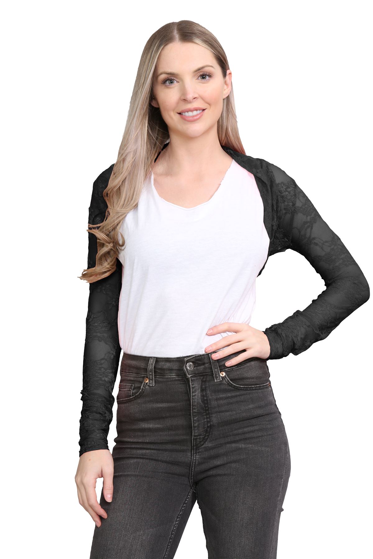 Damen Blumen Spitze Bolero Achselzucken vorne offen lange Ärmel Cropped Cardigan Top - Bild 2 von 79