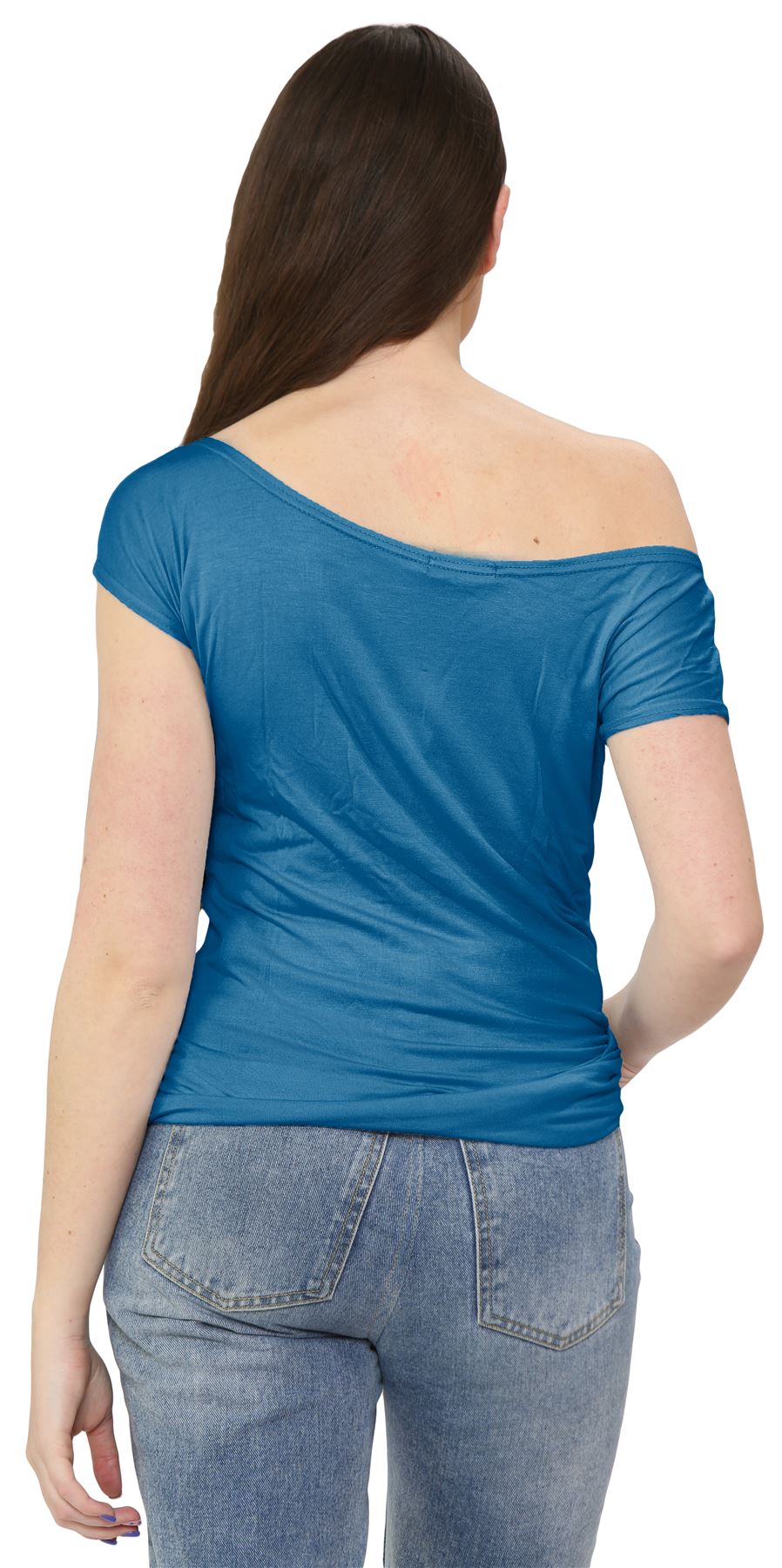 Nuevo Damas Mangas Cortas Hombro Liso Elastizado Calce Ajustado Bardot Camiseta Prenda para el torso - Imagen 51 de 58