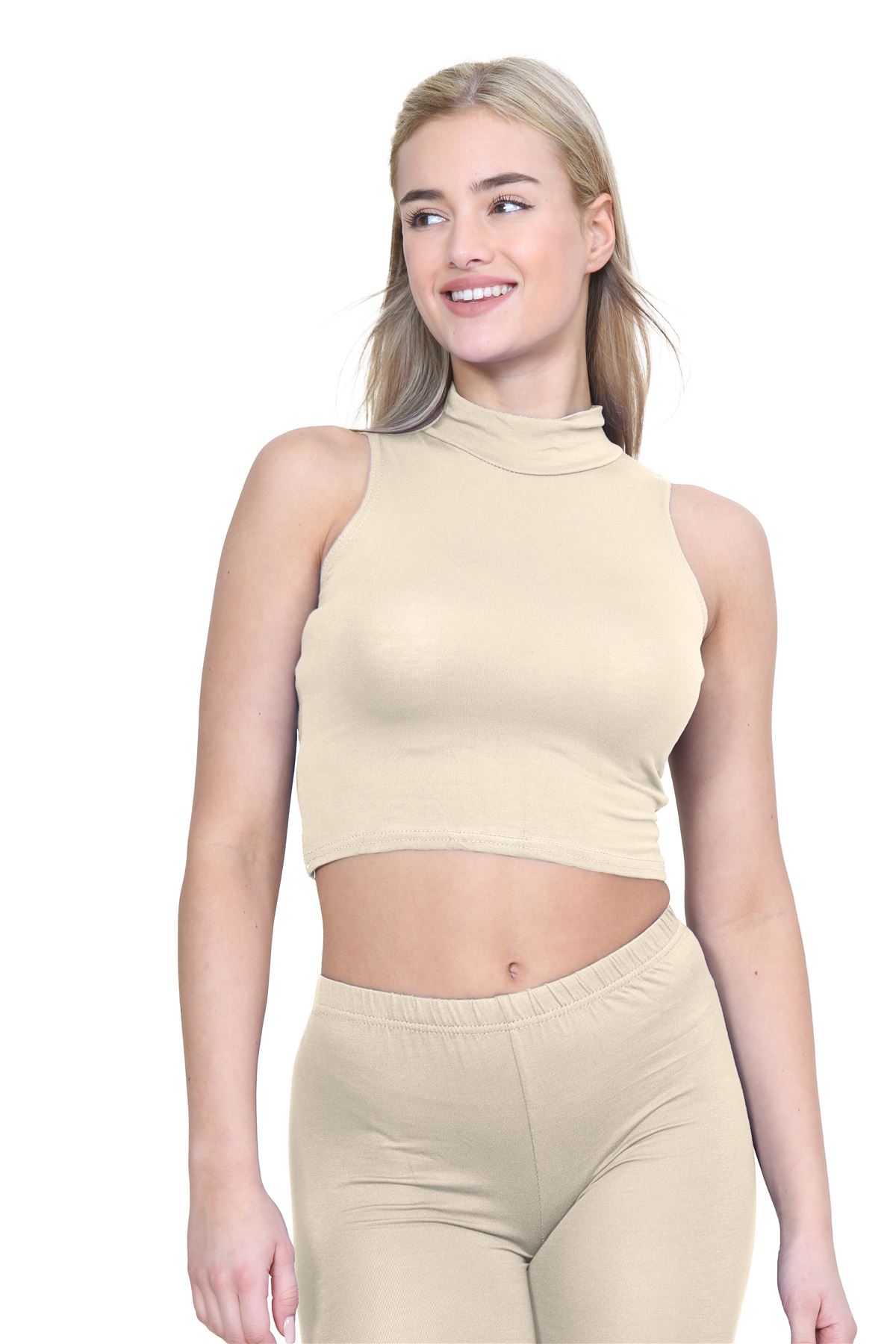 Womens Sleeveless Crop Top Ladies High Turtle Neck Plain Stretchy T-Shirt Vest - Picture 135 of 165