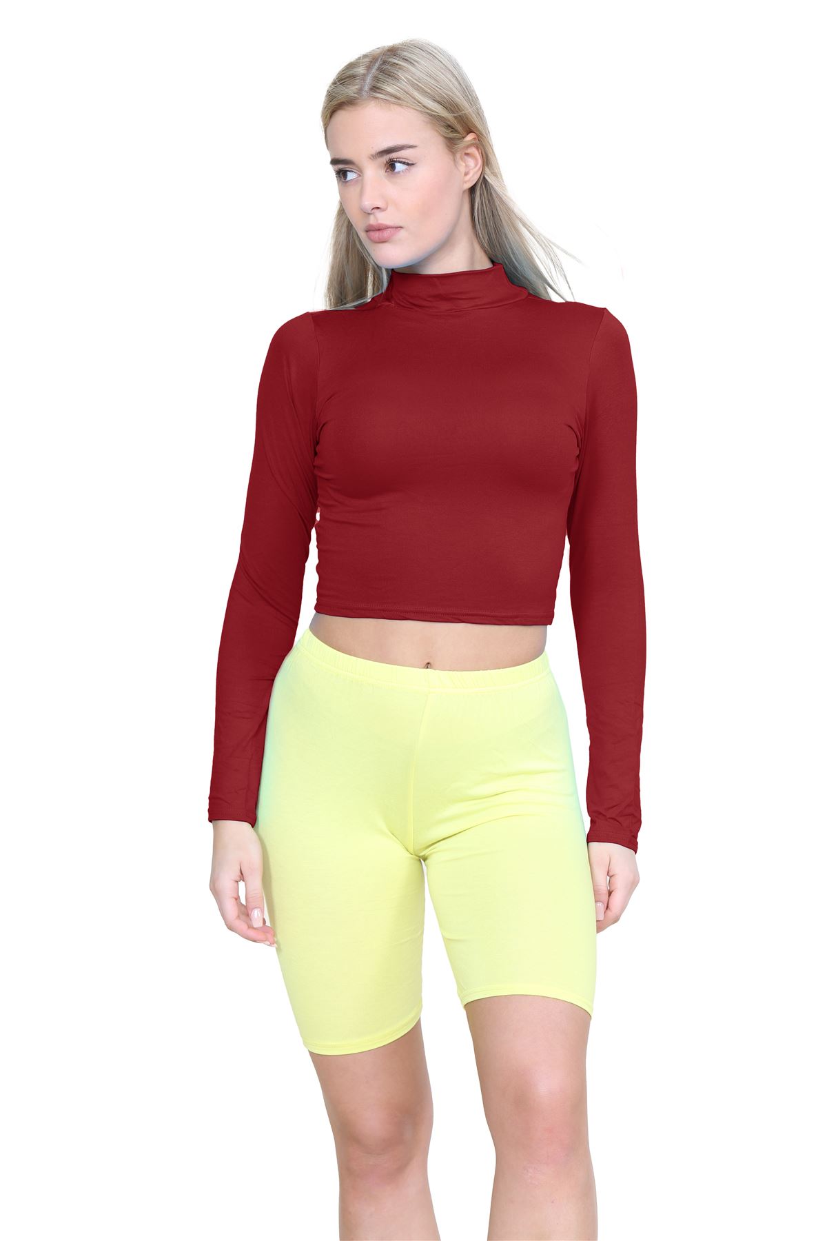 Turtle Neck Crop Top Womens Plain Long Sleeve Stretchy Basic Polo Neck T-Shirt - Picture 124 of 129