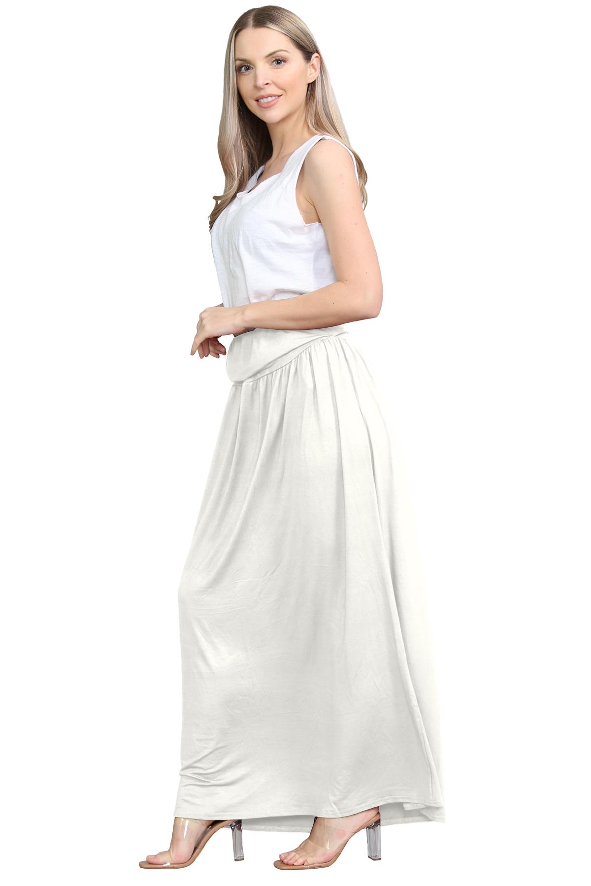 Womens Fold Over Maxi Skirt Plain Pleated Waist Jersey Summer Gypsy Long Skirt - Picture 20 of 68