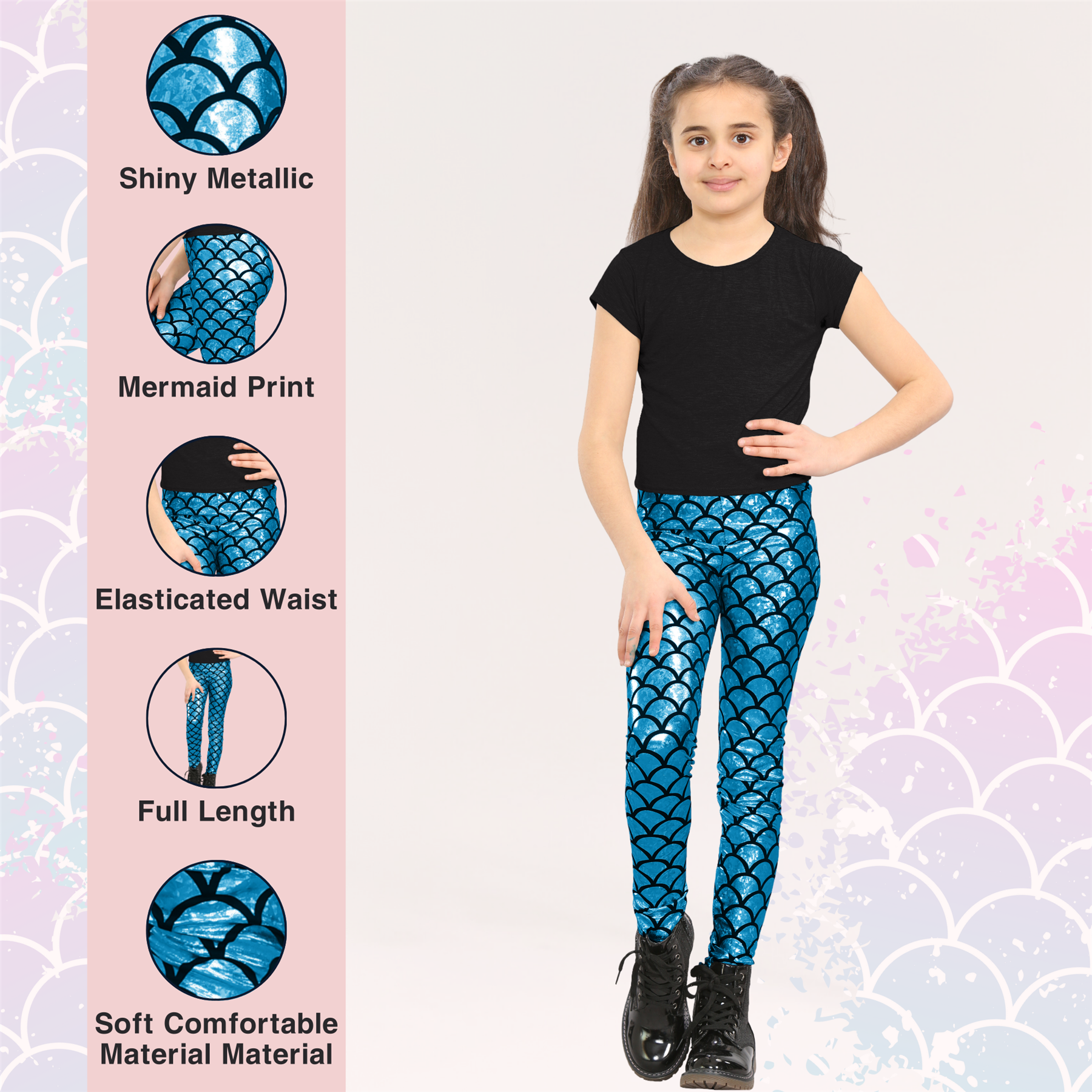 Girls Mermaid Leggings Kids Fish Scale Disco Skinny Shiny Metallic Trouser Pants - Picture 56 of 57