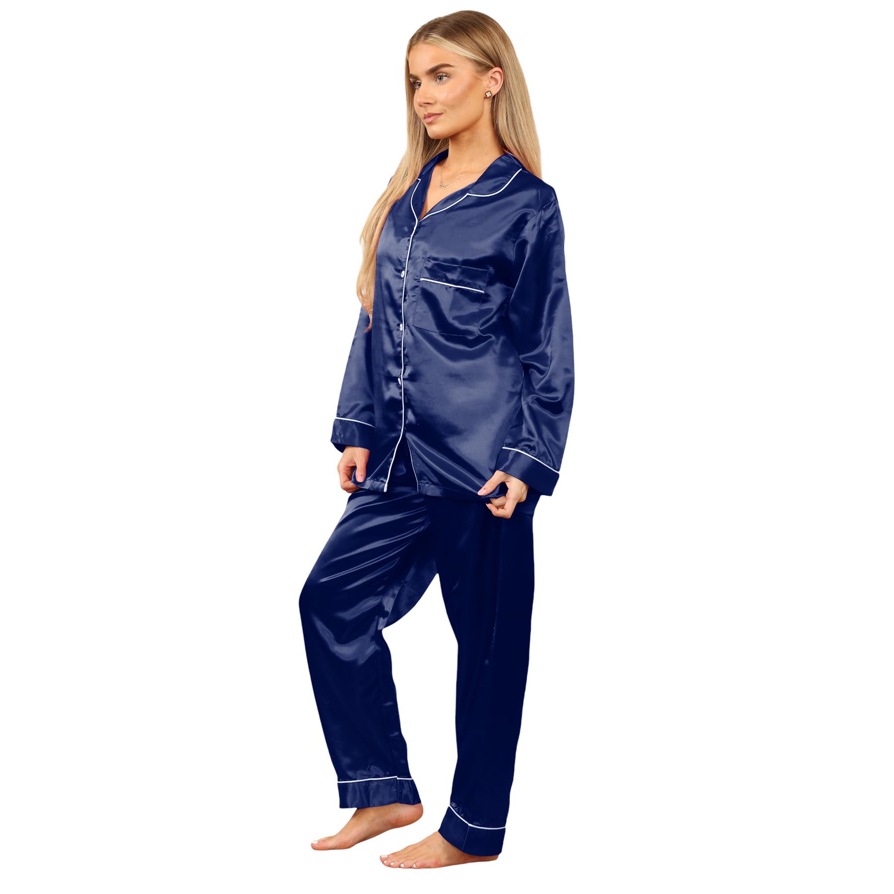 Conjunto de 2 piezas de pijama de satén de manga larga con botones camisa pantalón para damas - Imagen 22 de 43