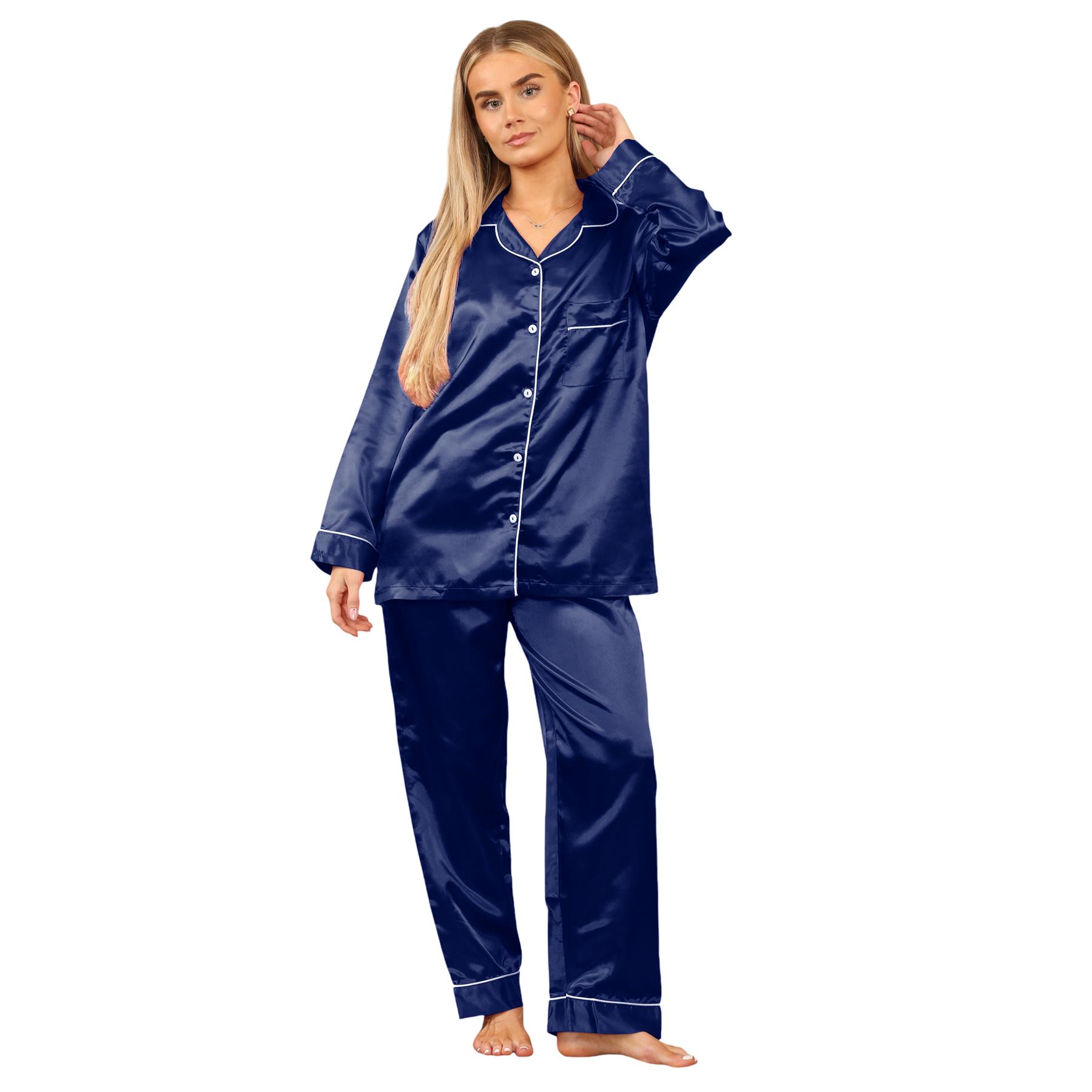Conjunto de 2 piezas de pijama de satén de manga larga con botones camisa pantalón para damas - Imagen 21 de 43
