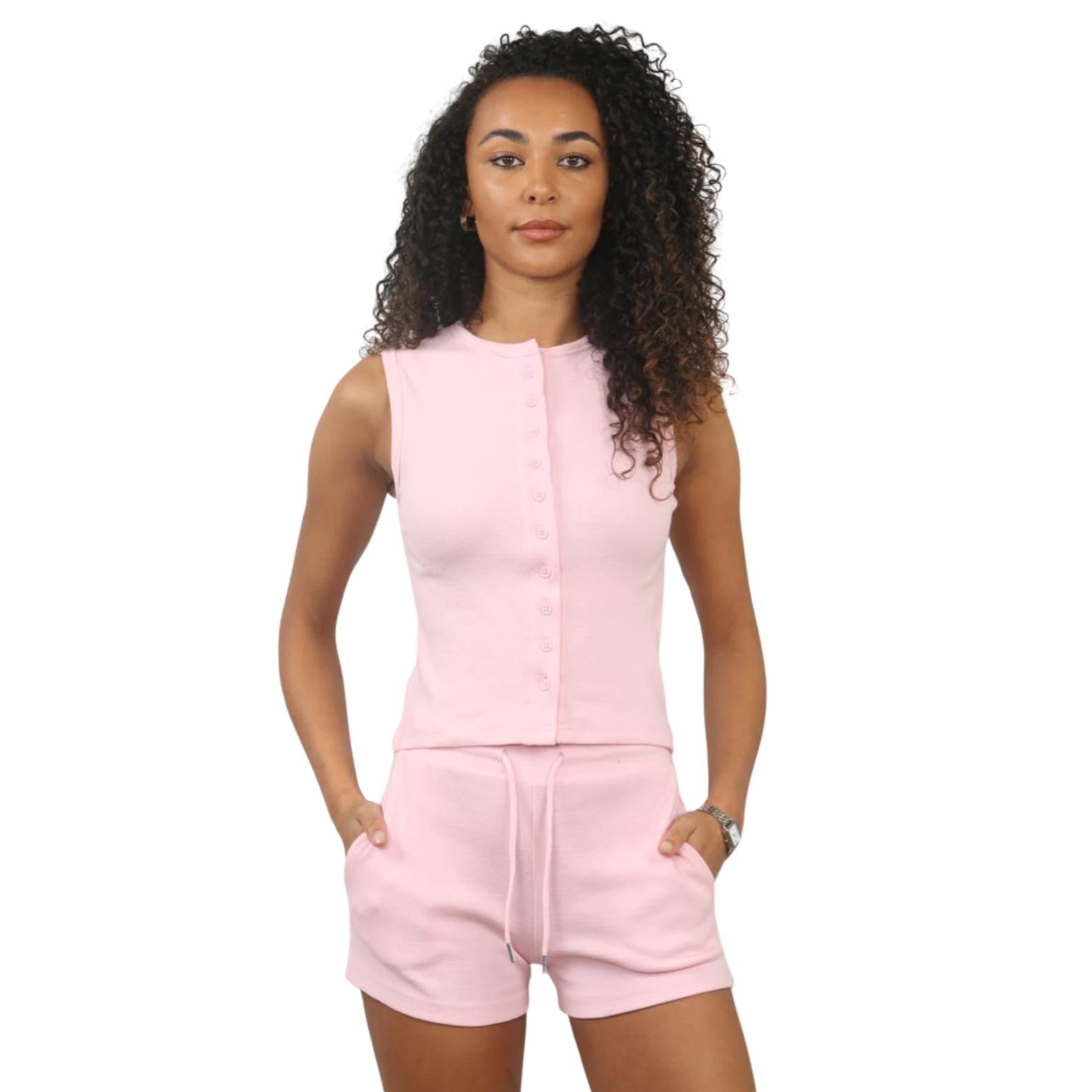 Damen Gerippt Ärmellos Knopfleiste Crop Top und Kordelzug Shorts Loungewear Set - Bild 32 von 49