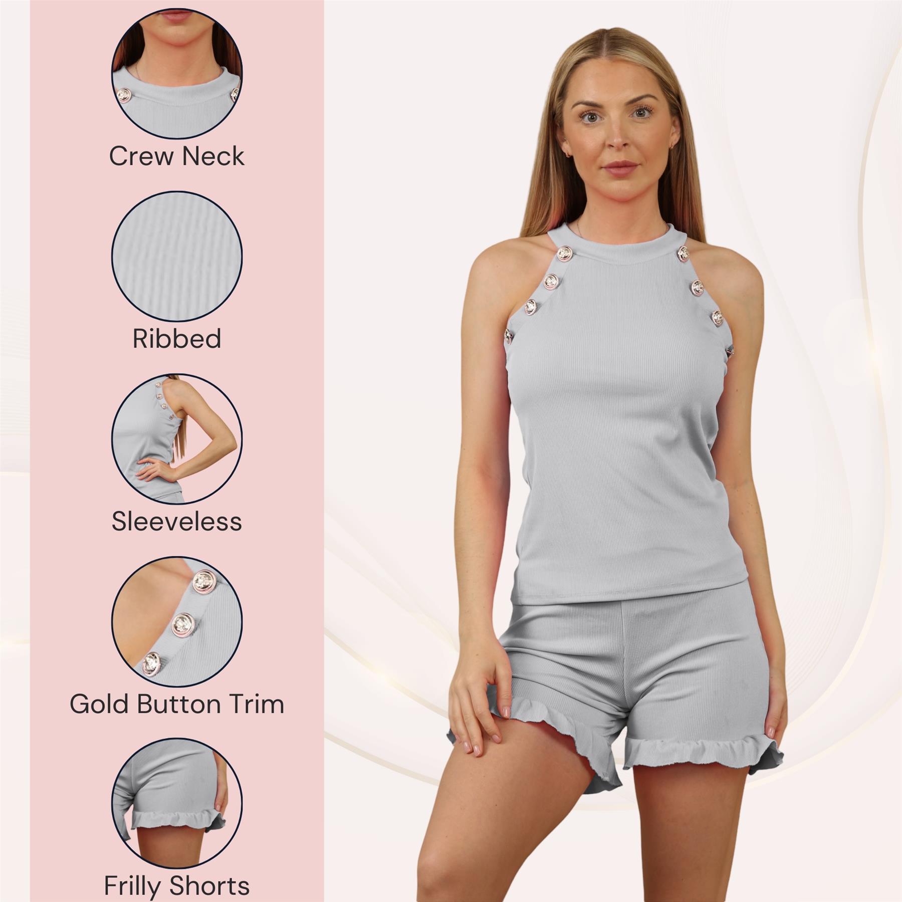 Conjunto corto acanalado para mujer Chaleco con botones dorados Top Volantes Pantalones cortos Co-ords 2 piezas Ropa de salón - Imagen 12 de 60