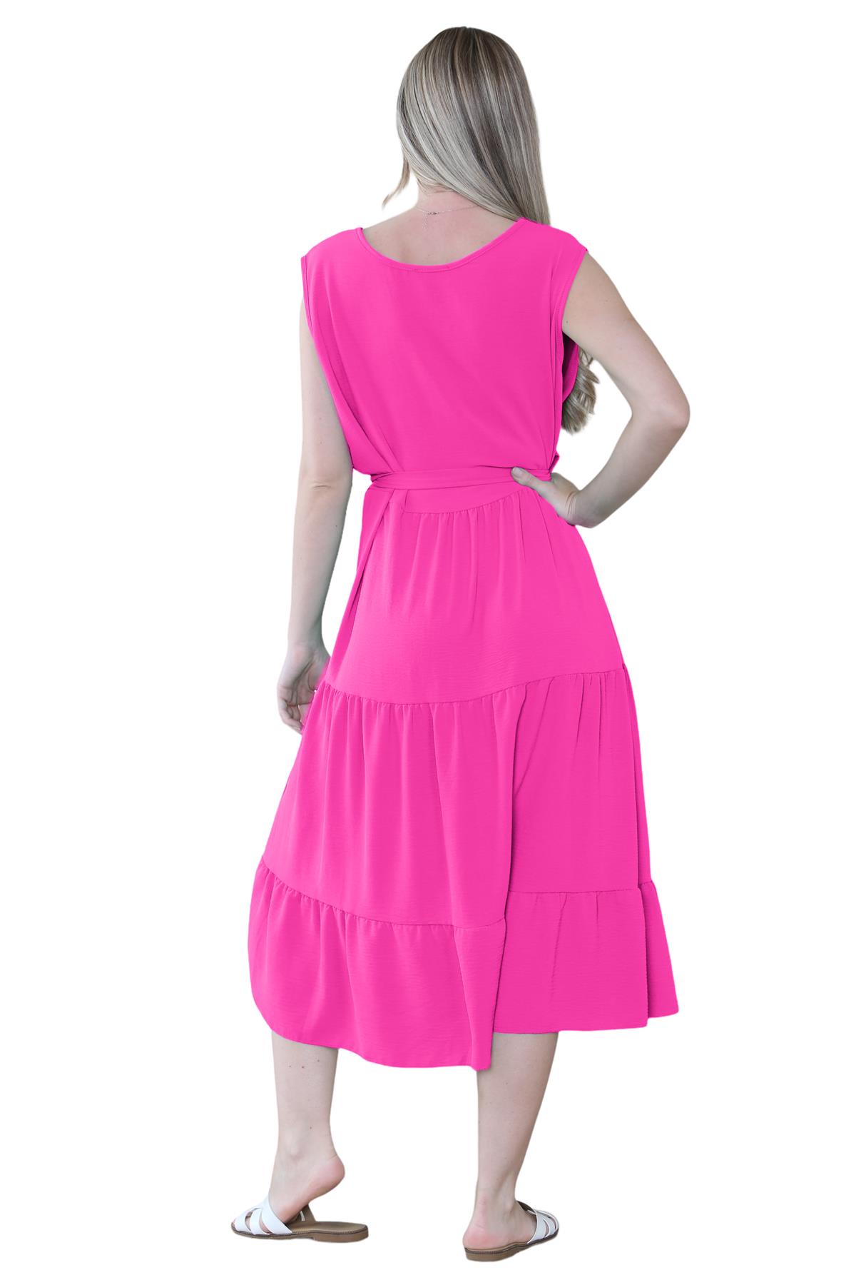 Womens Italian Smock Dress Sleeveless Belted Midi Dress Plain Frill Summer Dress - Picture 25 of 64