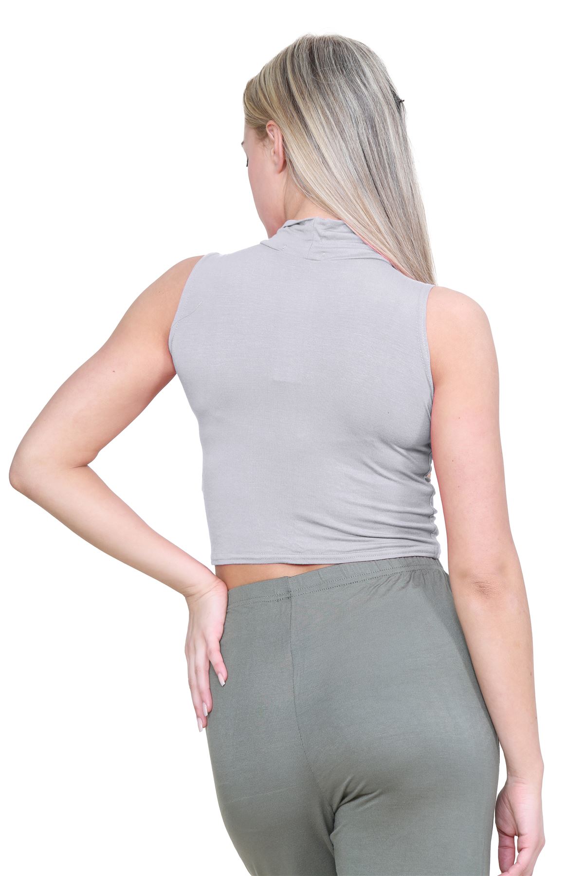 Womens Sleeveless Crop Top Ladies High Turtle Neck Plain Stretchy T-Shirt Vest - Picture 53 of 165