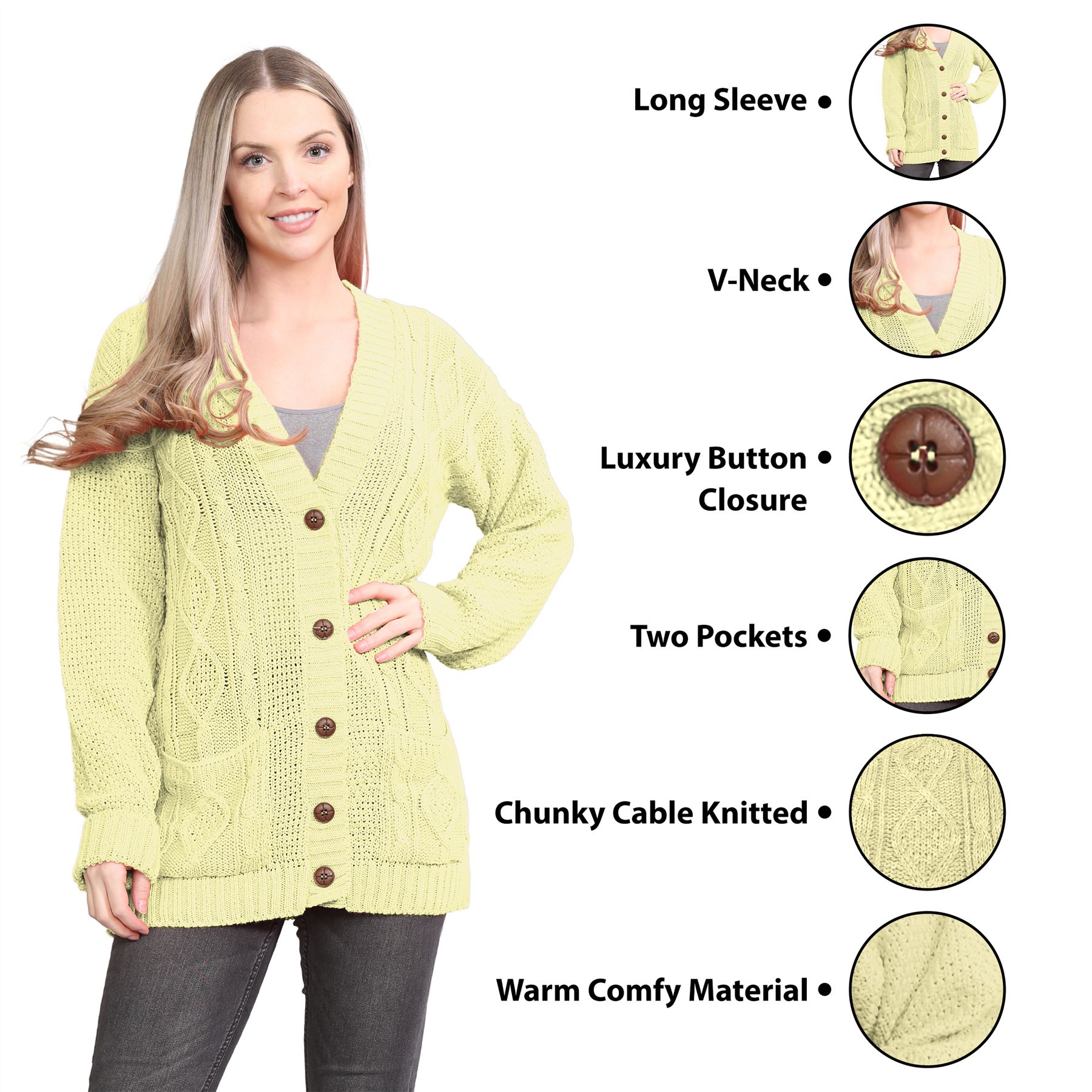 Womens Ladies Chunky Cable Knitted Button Long Sleeve Grandad Cardigan Jumper - Picture 94 of 94