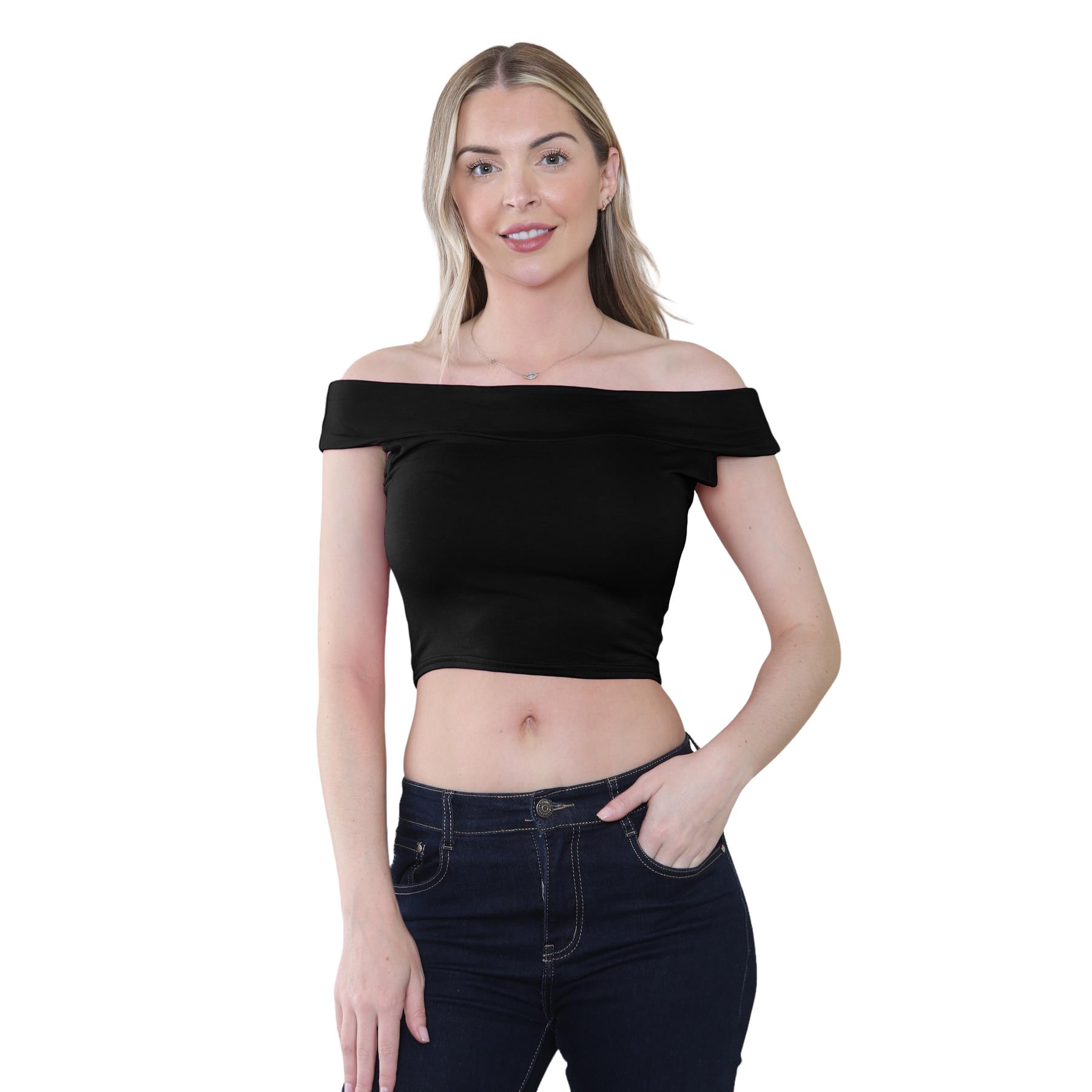 Schulterfreies bauchfreies Damen-T-Shirt Bardot ärmellos schlicht Sommer Freizeit Party - Bild 3 von 71