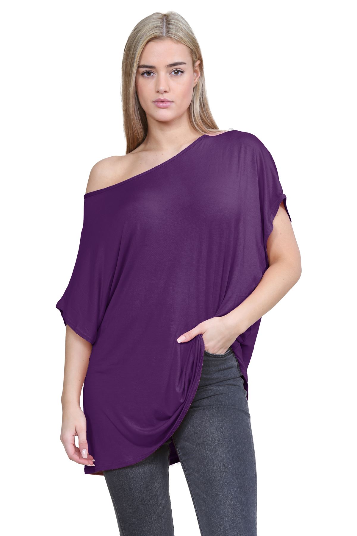 Womens Off Shoulder Top Batwing Sleeve Bardot Oversized T Shirt Plain Summer Top - Picture 130 of 225
