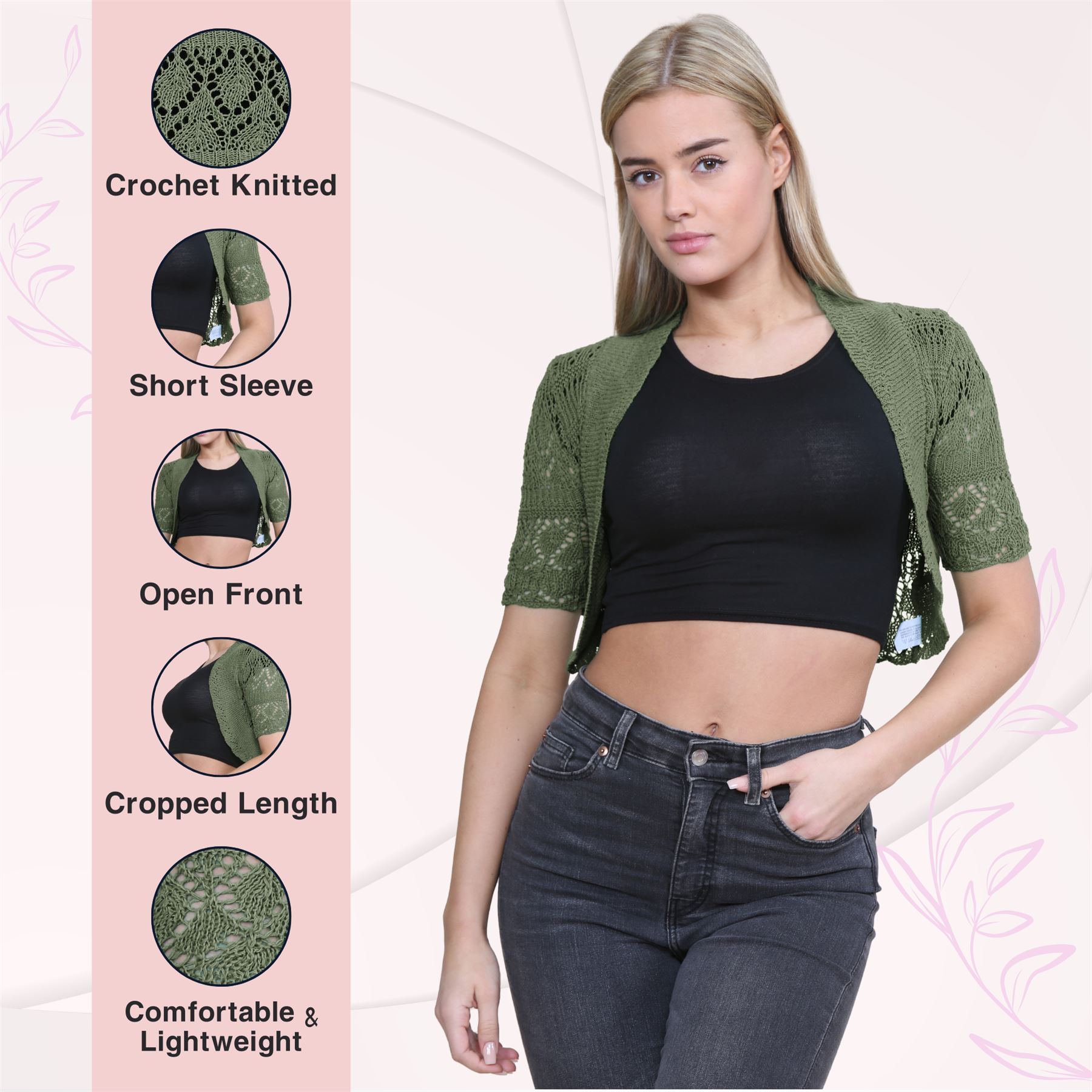 Womens Crochet Knitted Bolero Shrug Short Sleeve Open Front Cardigan Crop Top - Picture 71 of 186