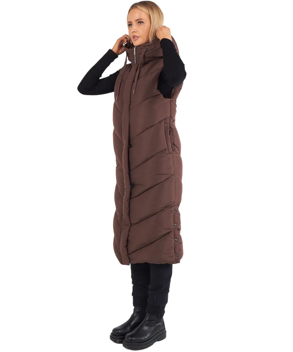 Abrigo de invierno largo acolchado sin mangas calentador de cuerpo con capucha con cremallera larga para mujer - Imagen 9 de 33