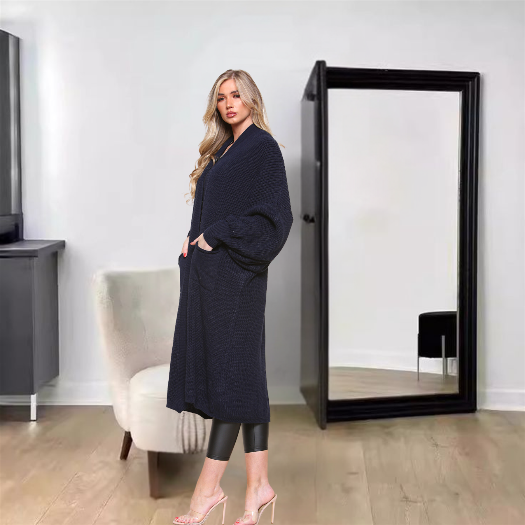 Ballonärmel Maxi Cardigan Damen übergroß gestrickt Winter Longline Pullover - Bild 91 von 134