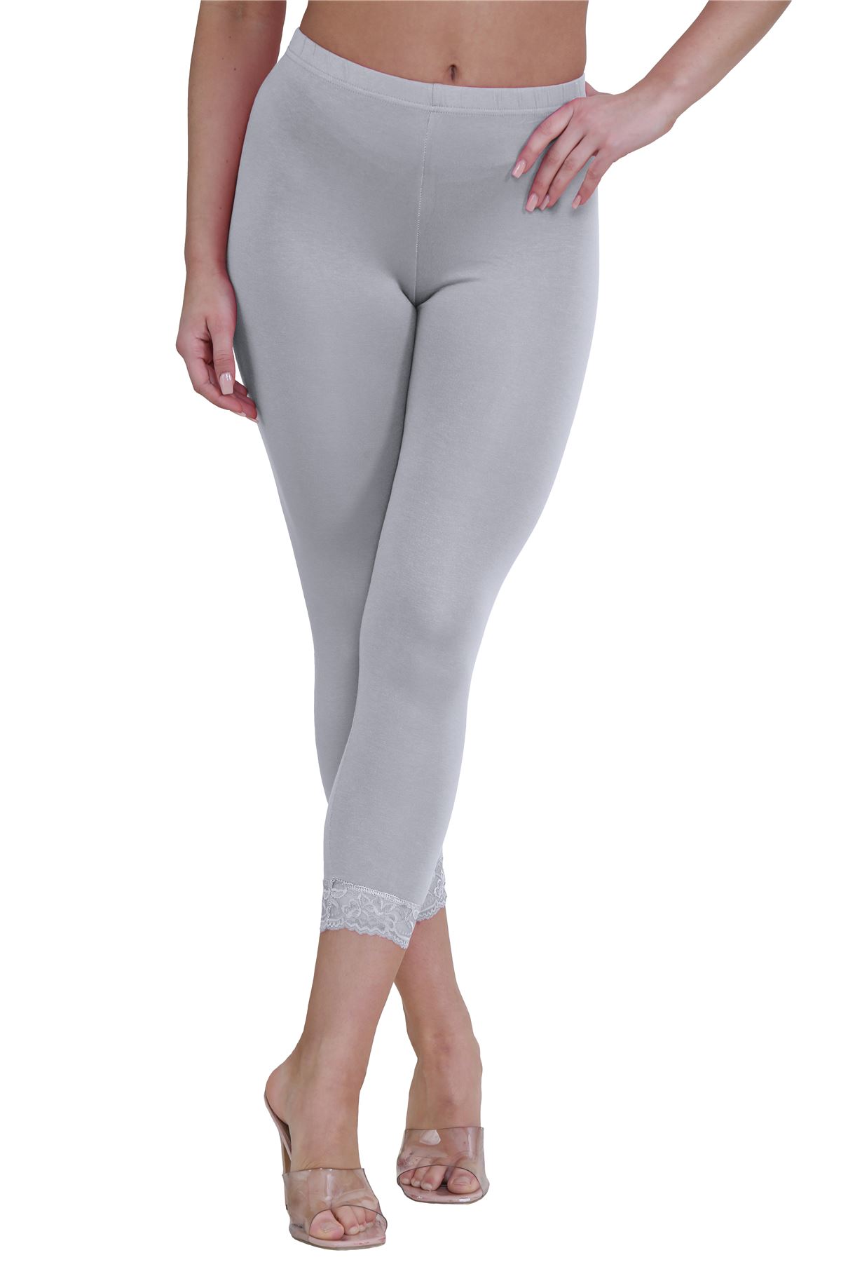 New Ladies Plain Lace Trim Cropped Yoga Stretchy 3/4 Length Capri Leggings Pants - Picture 35 of 132