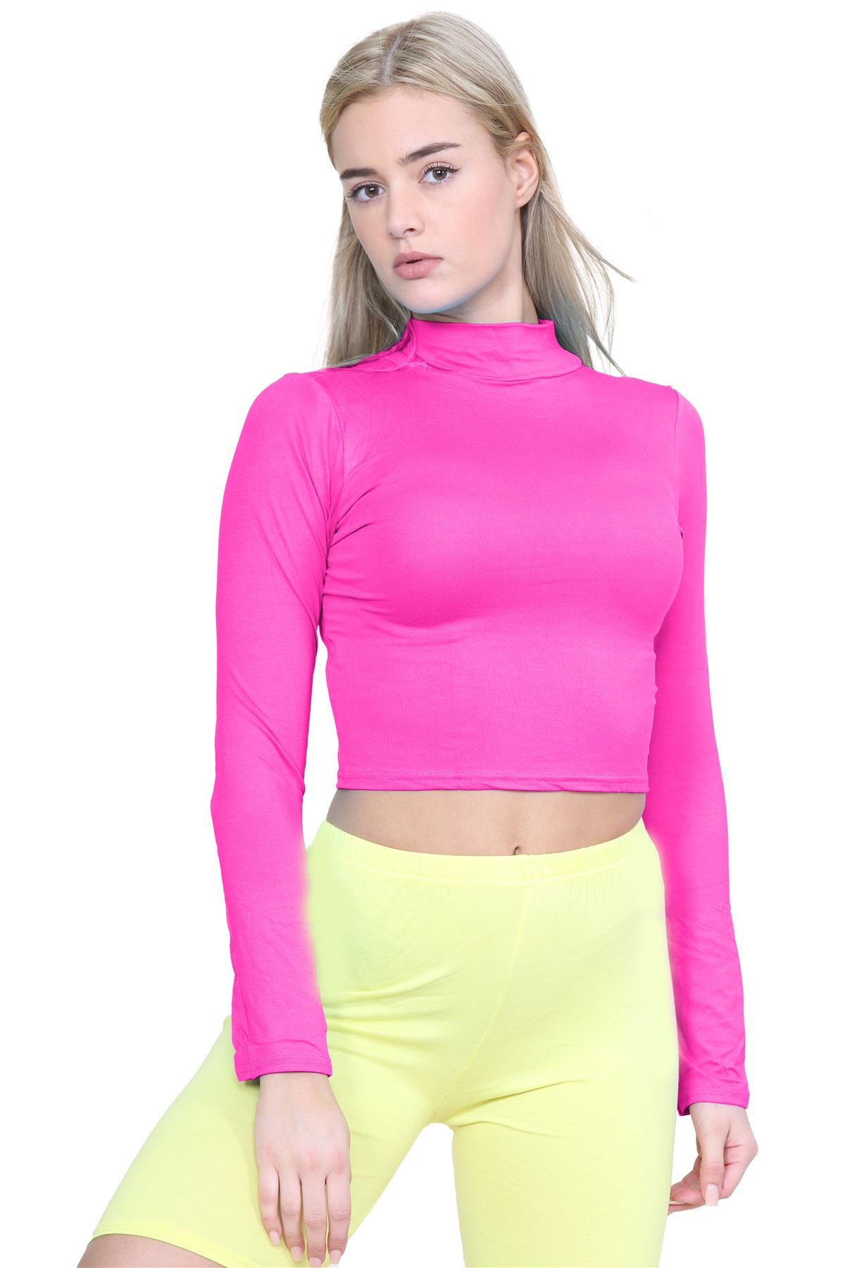 Turtle Neck Crop Top Womens Plain Long Sleeve Stretchy Basic Polo Neck T-Shirt - Picture 74 of 129