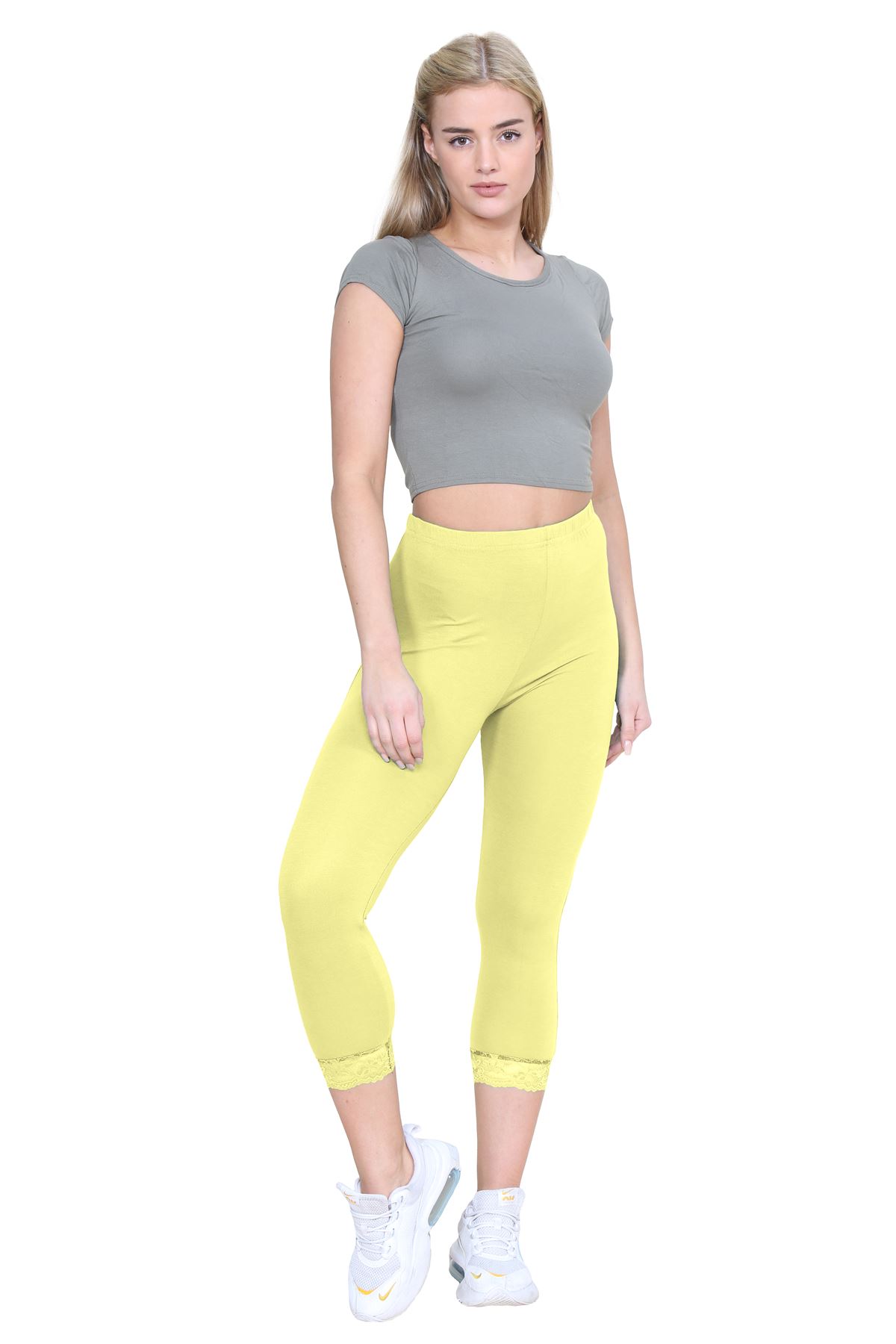 New Ladies Plain Lace Trim Cropped Yoga Stretchy 3/4 Length Capri Leggings Pants - Picture 124 of 132