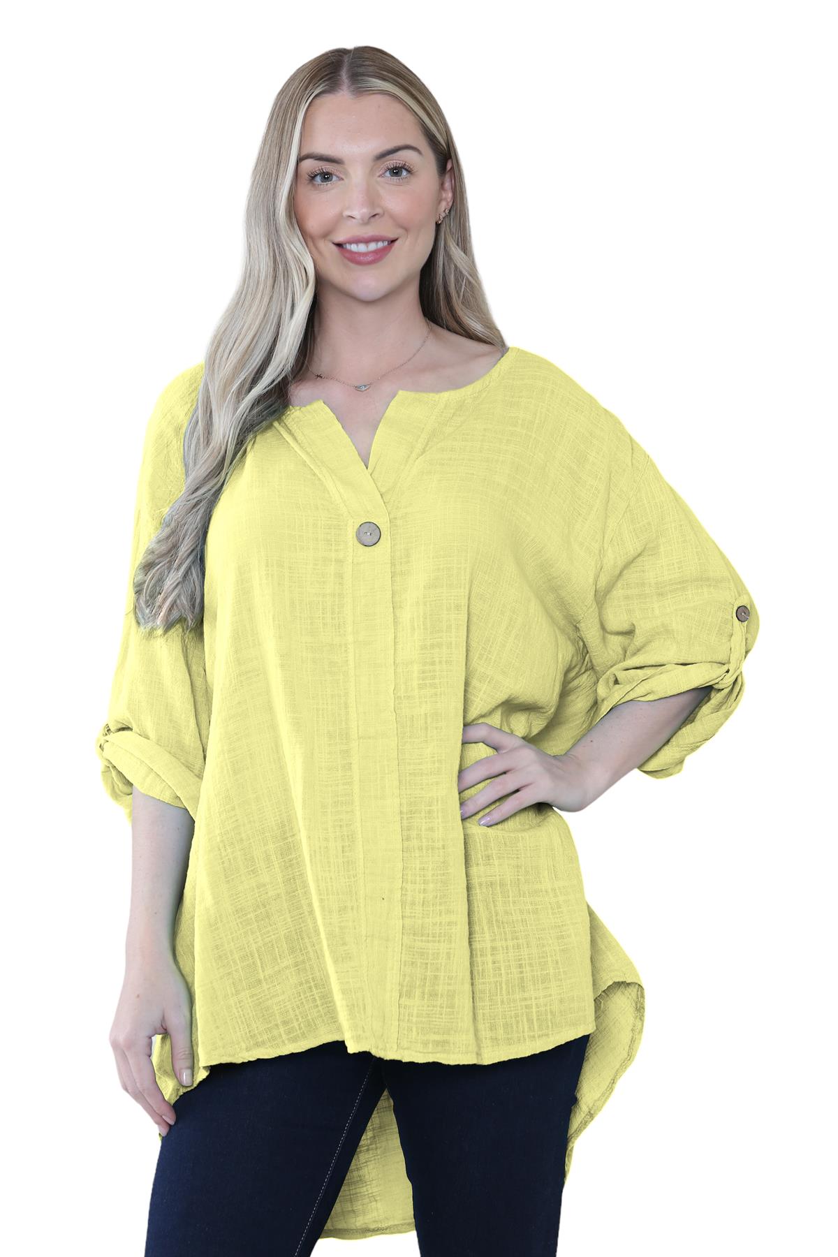 Camiseta informal lisa de lino y algodón con un botón de manga giratoria italiana para dama - Imagen 58 de 63