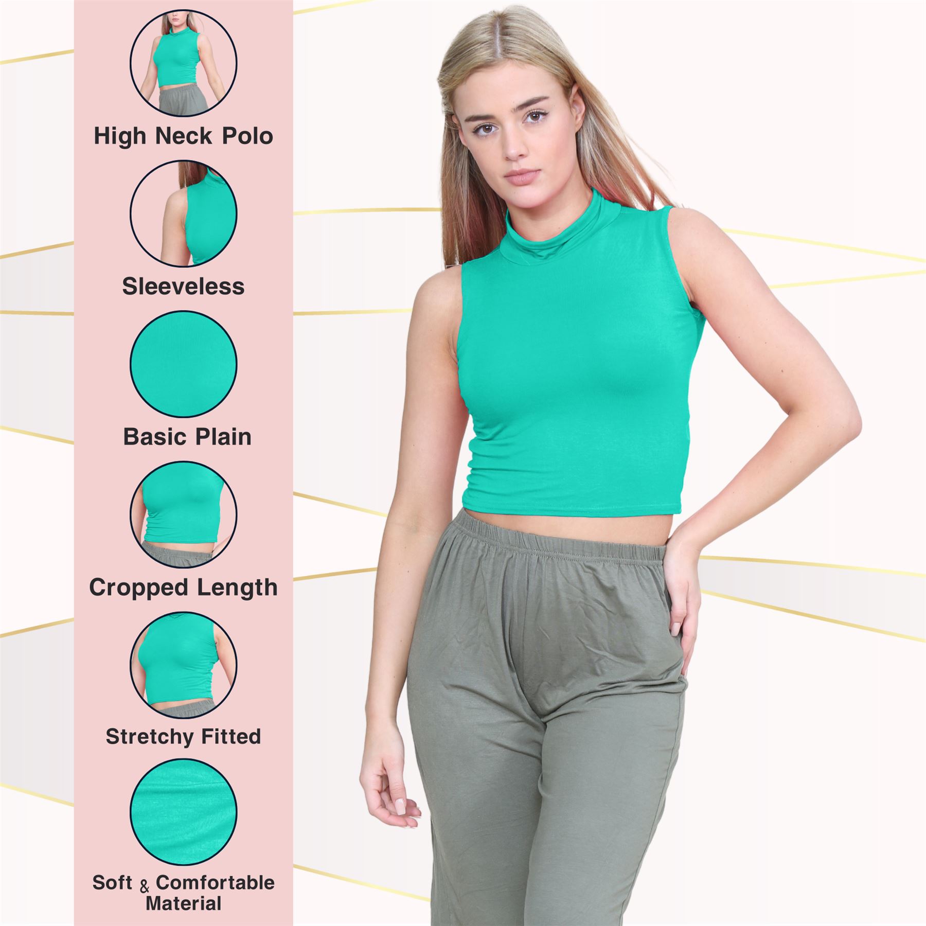 Womens Sleeveless Crop Top Ladies High Turtle Neck Plain Stretchy T-Shirt Vest - Picture 59 of 165