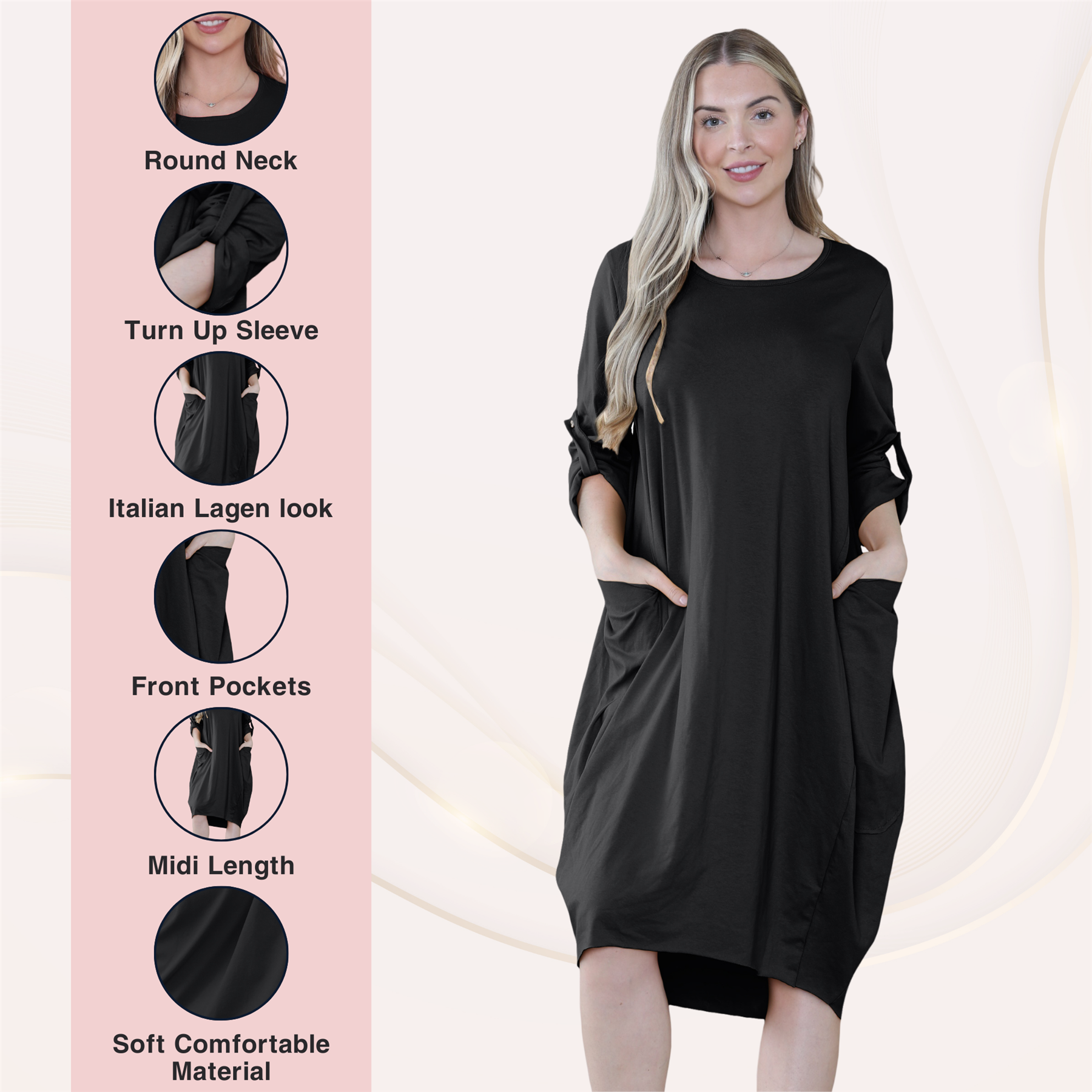 Vestido túnica italiana con mangas giratorias para damas Vestido Lagenlook Bolsillos lisos Vestido holgado - Imagen 5 de 45
