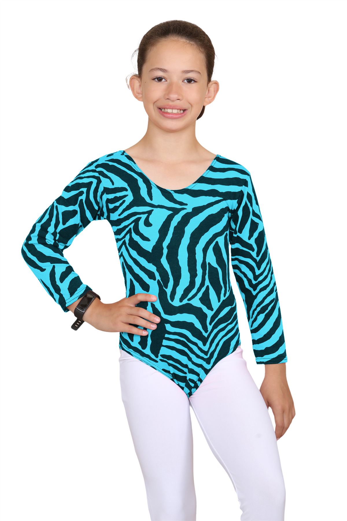 Girls Dance Leotard Zebra Print Long Sleeve Microfibre Gymnastics Kids Bodysuit - Picture 30 of 37