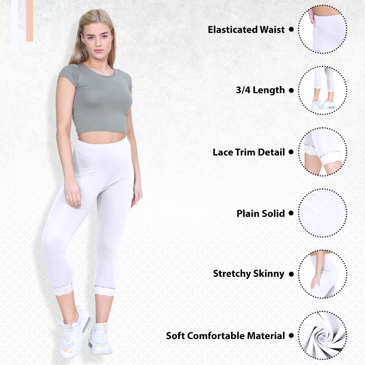 New Ladies Plain Lace Trim Cropped Yoga Stretchy 3/4 Length Capri Leggings Pants - Picture 116 of 132