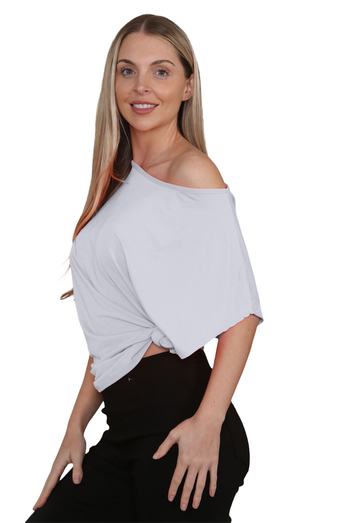 Womens Oversized T Shirt Top Short Sleeve Tie Knot Bardot Off Shoulder Crop Top - Picture 19 of 65
