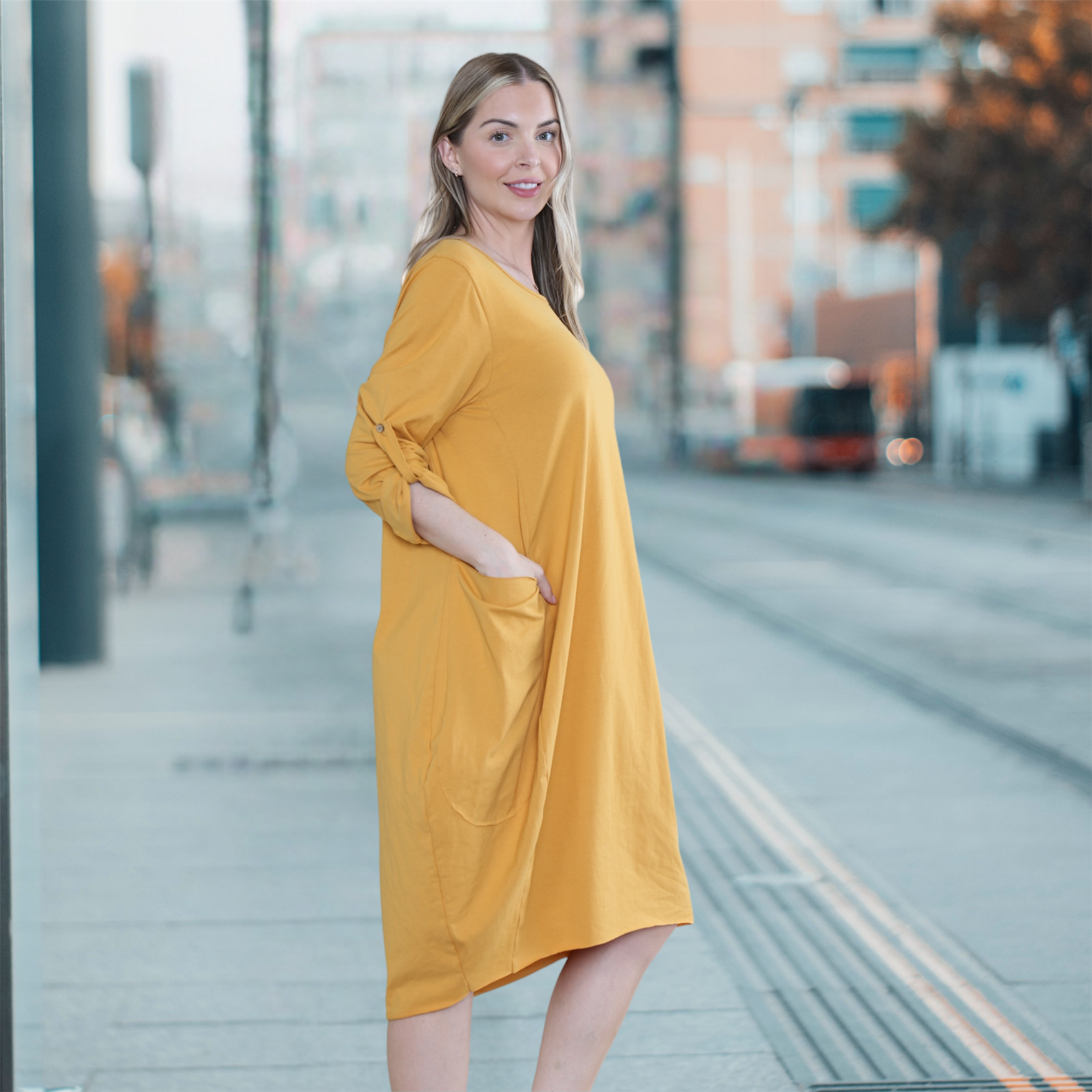 Vestido túnica italiana con mangas giratorias para damas Vestido Lagenlook Bolsillos lisos Vestido holgado - Imagen 29 de 45