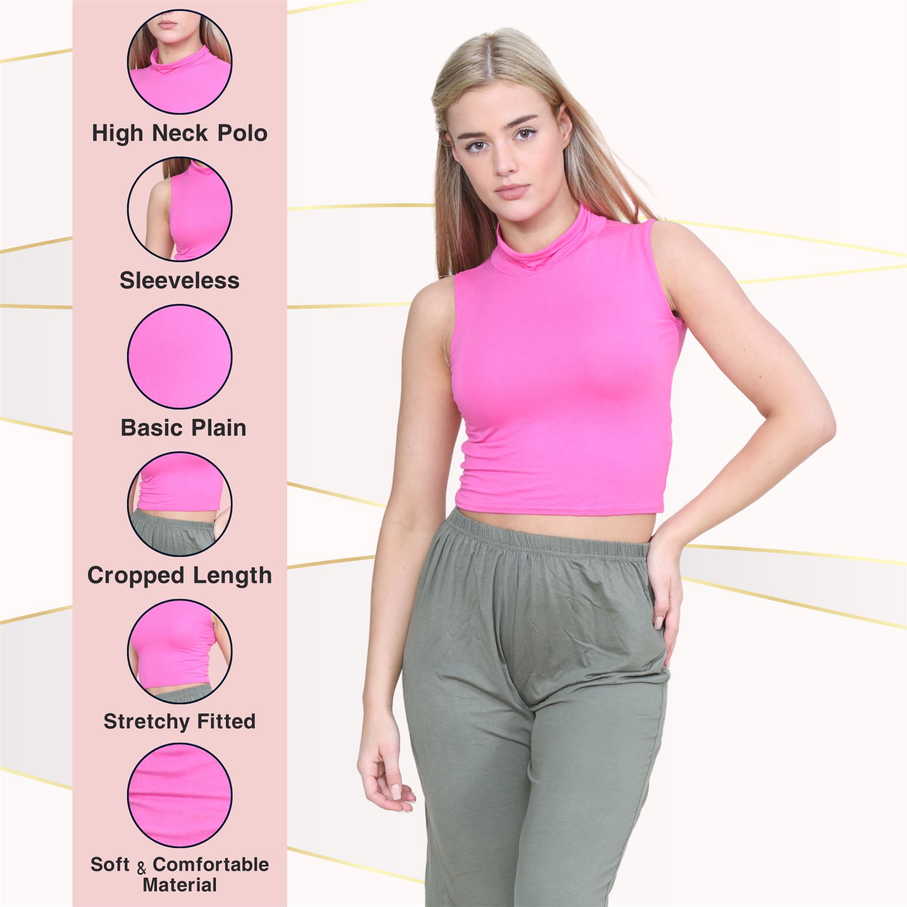 Womens Sleeveless Crop Top Ladies High Turtle Neck Plain Stretchy T-Shirt Vest - Picture 28 of 165
