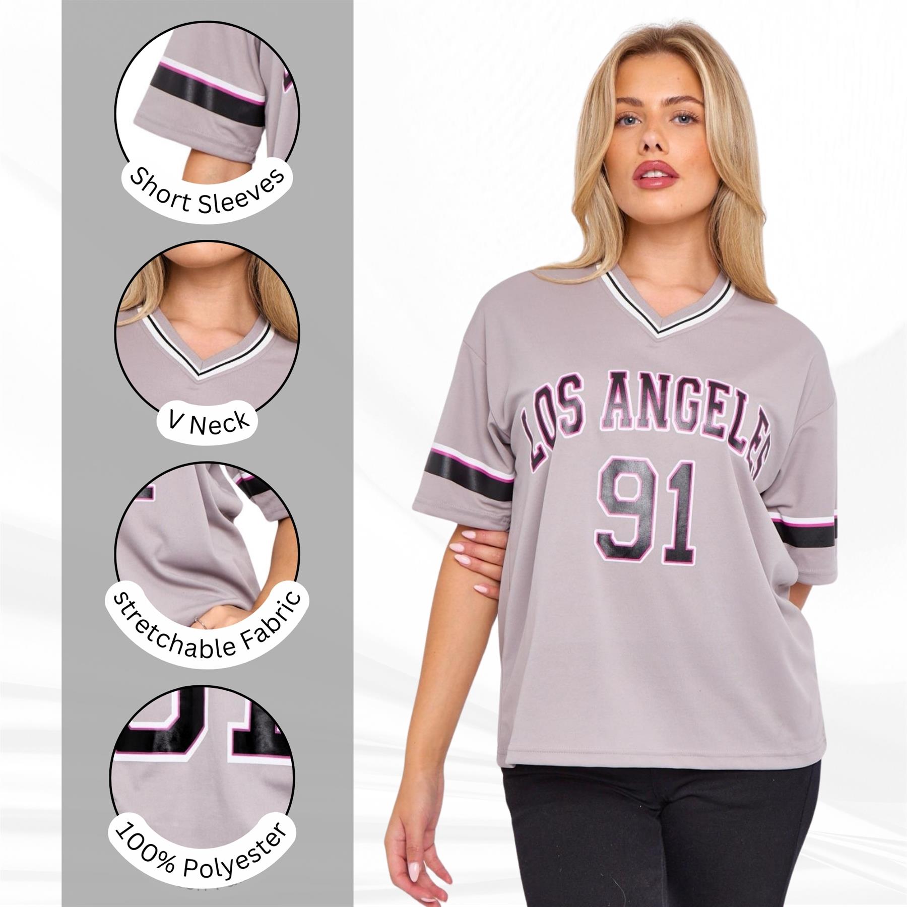 Camiseta de mujer de gran tamaño cuello en V LA 91 fútbol americano universitario holgada verano top - Imagen 20 de 50