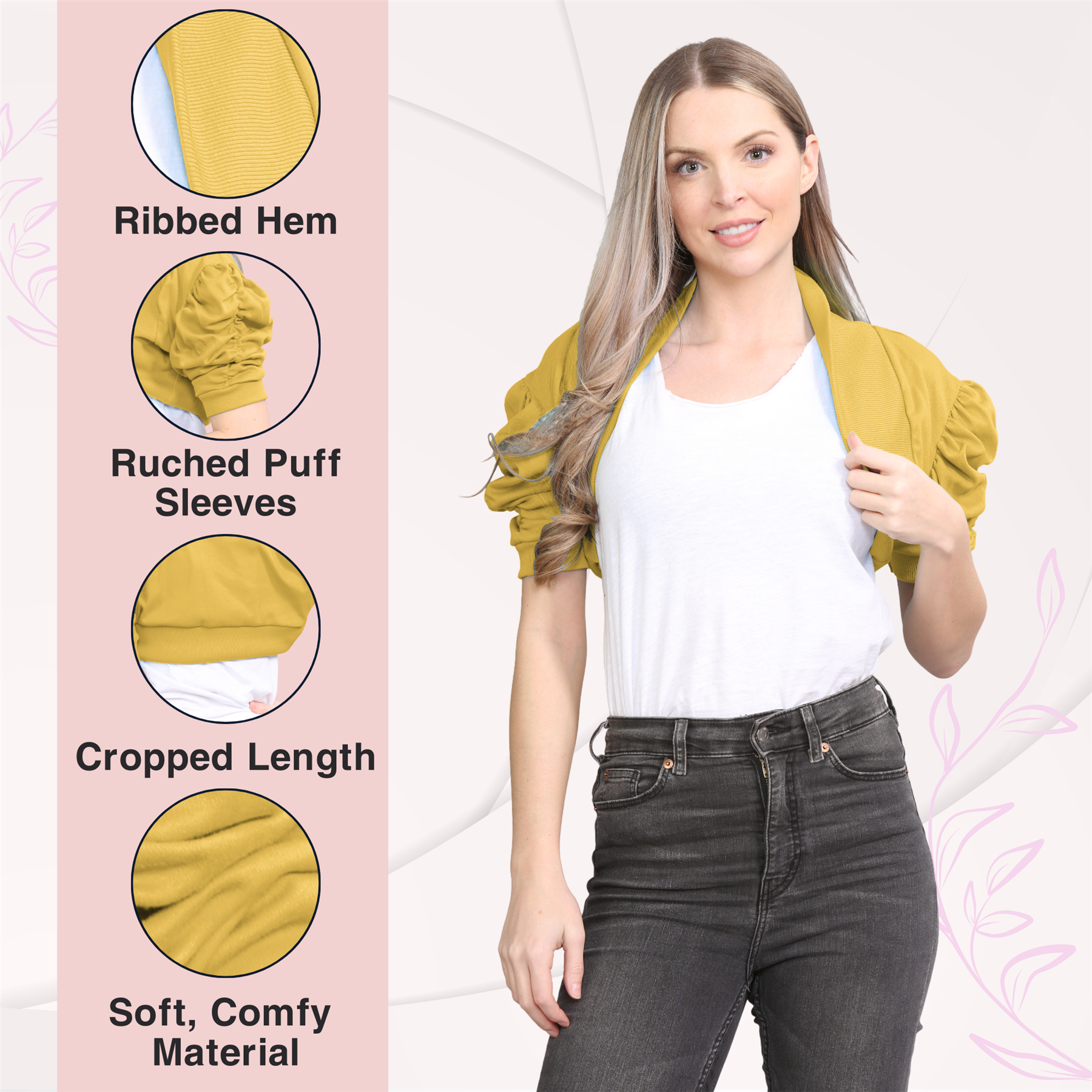 Womens Bolero Shrug Ruched Puff Sleeves Plain Open Cardigan Soft Cotton Crop Top - Picture 55 of 100