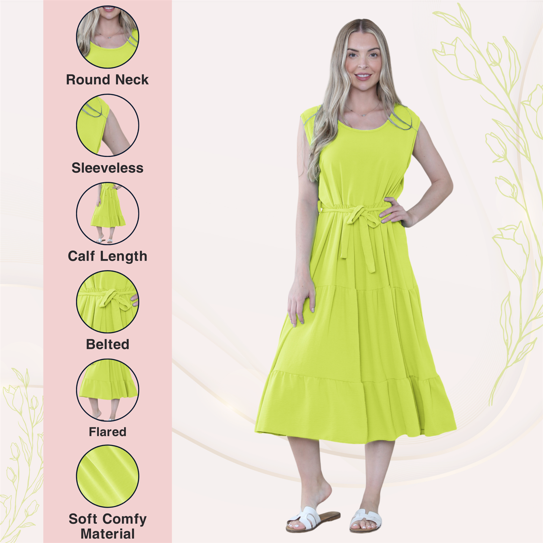 Womens Italian Smock Dress Sleeveless Belted Midi Dress Plain Frill Summer Dress - Picture 14 of 64