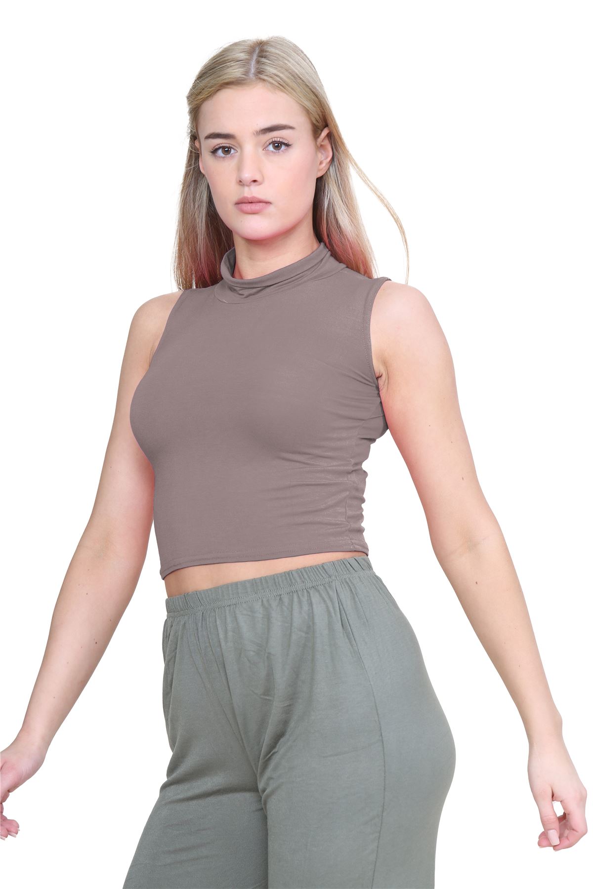 Womens Sleeveless Crop Top Ladies High Turtle Neck Plain Stretchy T-Shirt Vest - Picture 75 of 165