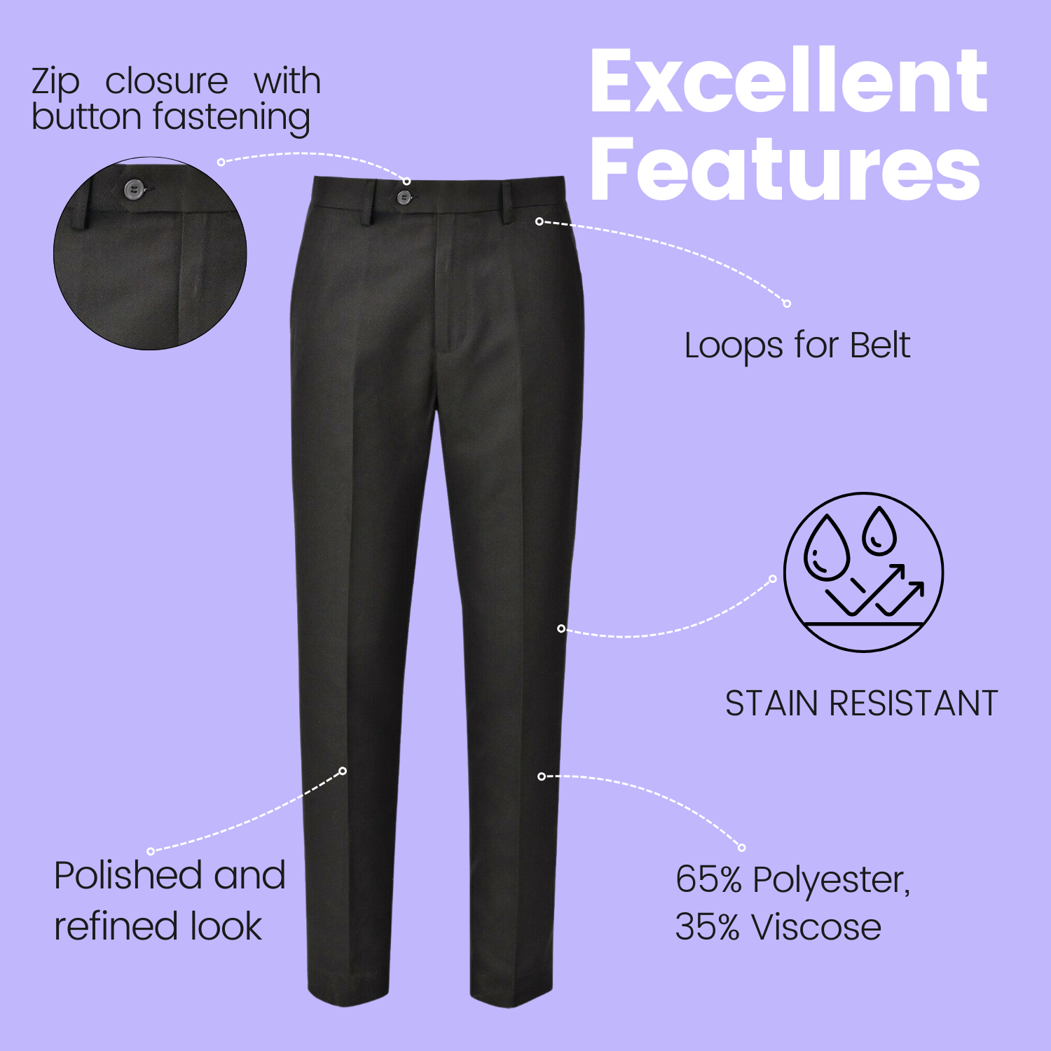 Uniforme escolar para niños Pantalones Ajustador de cintura frontal plano Pantalones ajustados Paquete de 3 - Imagen 7 de 17