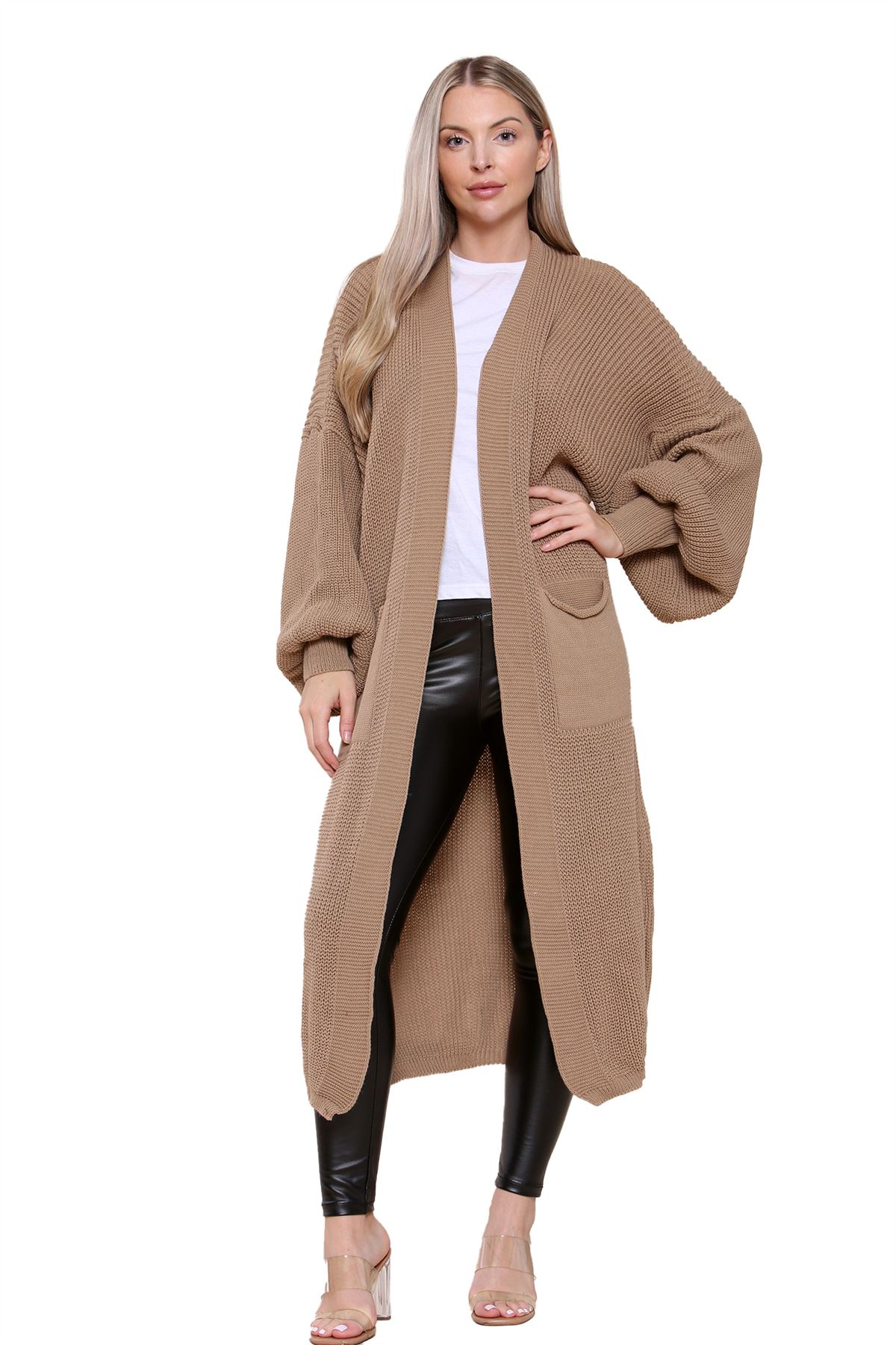 Ballonärmel Maxi Cardigan Damen übergroß gestrickt Winter Longline Pullover - Bild 79 von 134
