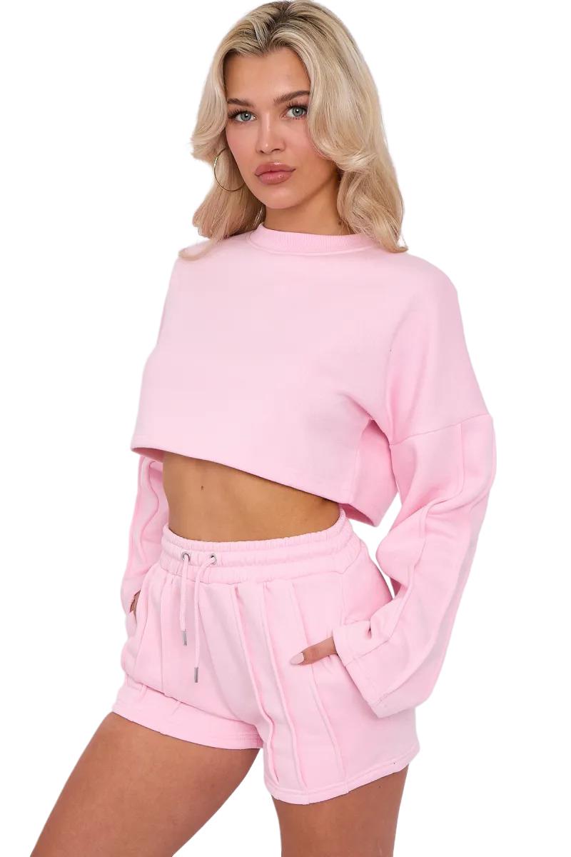 Womens Pleated Lined Crop Top Shorts Set 2 Pcs Co-ord Fleece Loungewear Suit - Picture 4 of 36