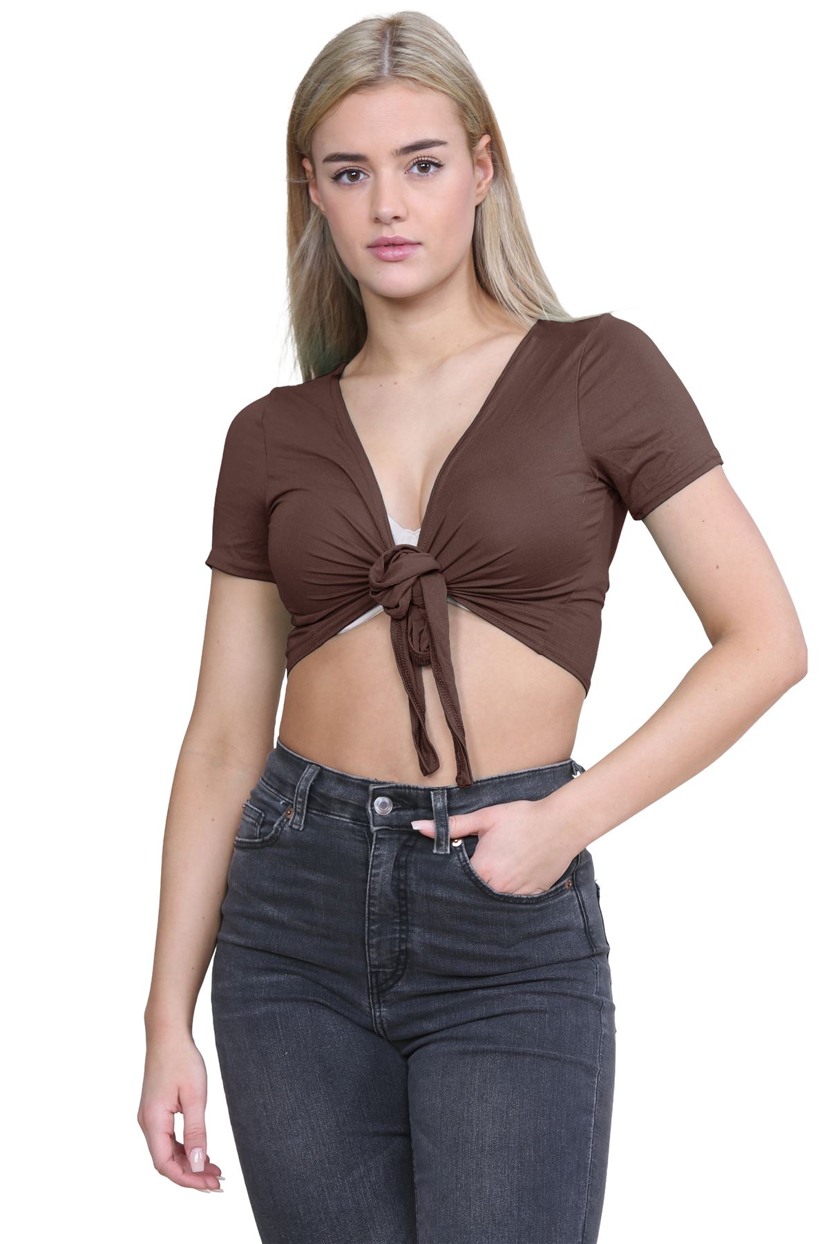 Damen-Cardigan Kurzarm vorne zum Binden einfach Bolero Achselzucken lässig bauchfrei Oberteil - Bild 14 von 133