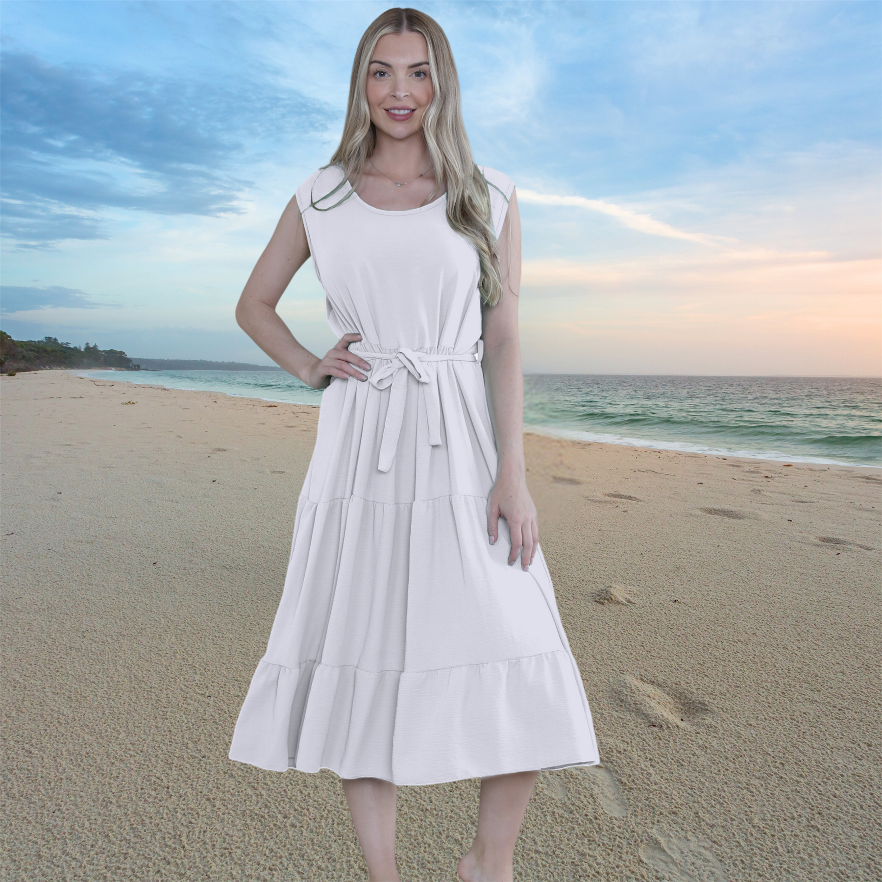 Womens Italian Smock Dress Sleeveless Belted Midi Dress Plain Frill Summer Dress - Picture 64 of 64