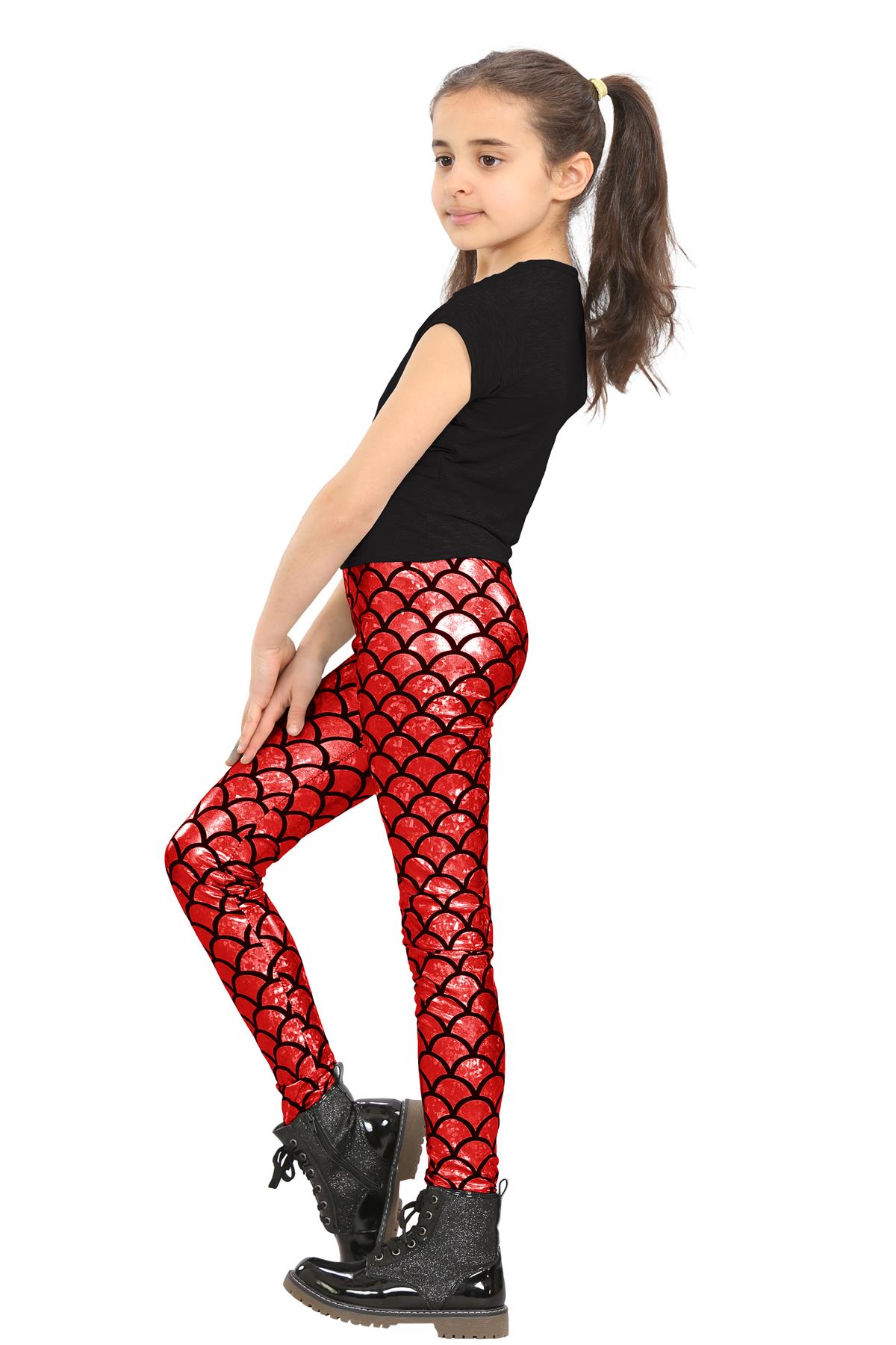 Girls Mermaid Leggings Kids Fish Scale Disco Skinny Shiny Metallic Trouser Pants - Picture 33 of 57