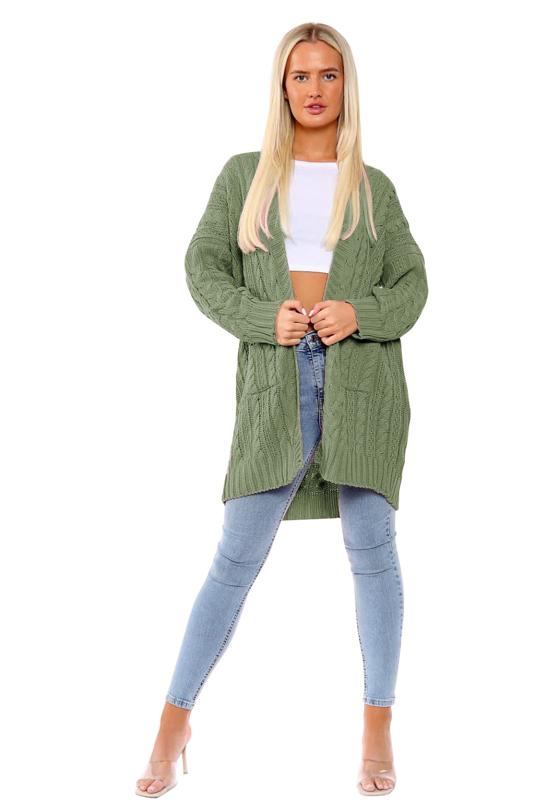 Womens Cape Cardigan Chunky Cable Knitted Oversized Ladies Pocket Long Jumper