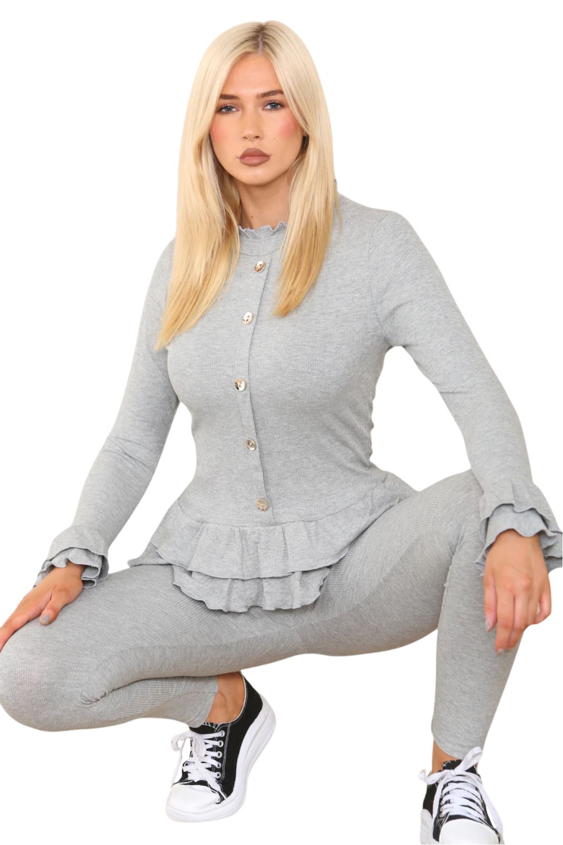 Damas Juego de 2 piezas de ropa de salón con botones peplum manga larga - Imagen 9 de 55