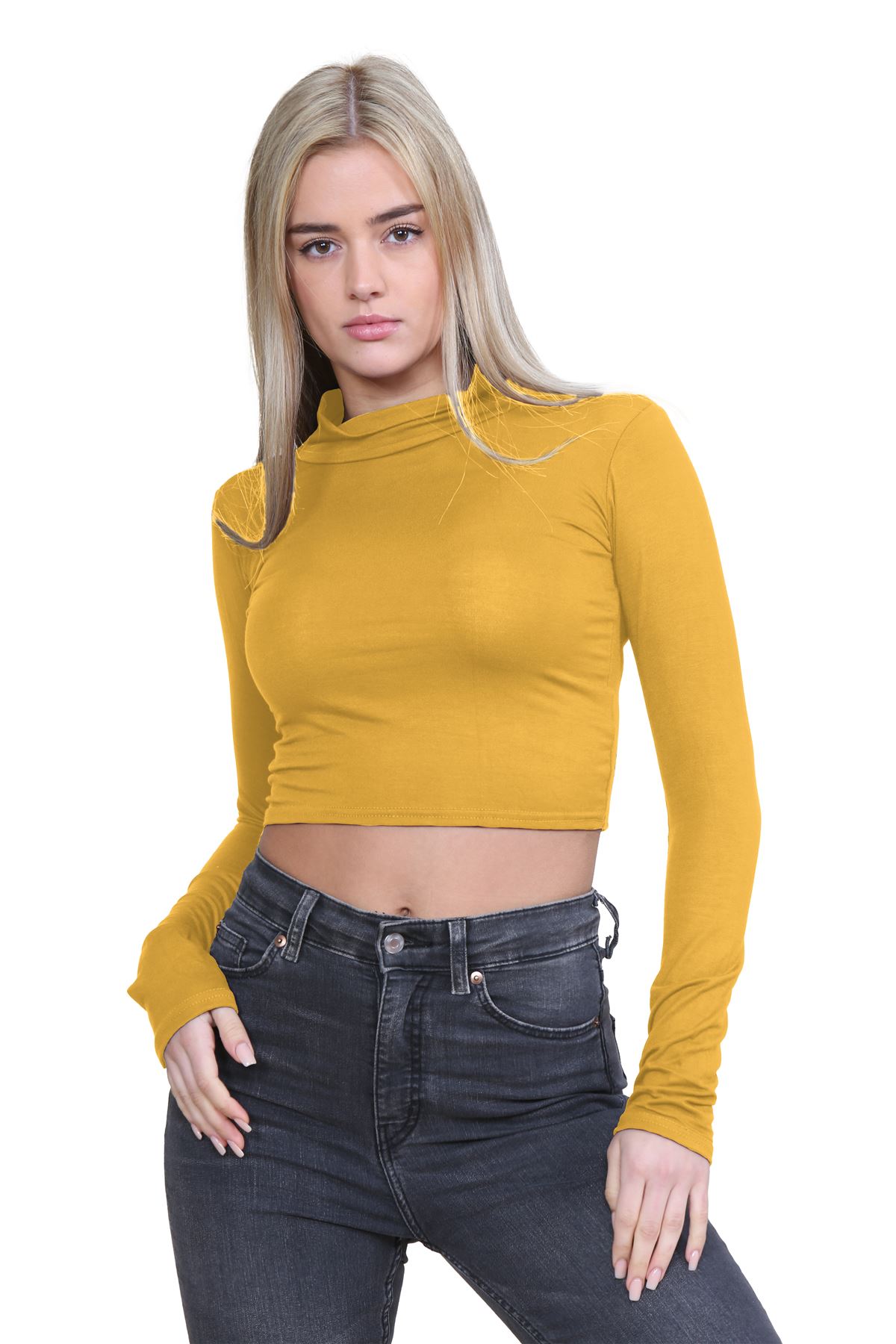 Turtle Neck Crop Top Womens Plain Long Sleeve Stretchy Basic Polo Neck T-Shirt - Picture 60 of 129
