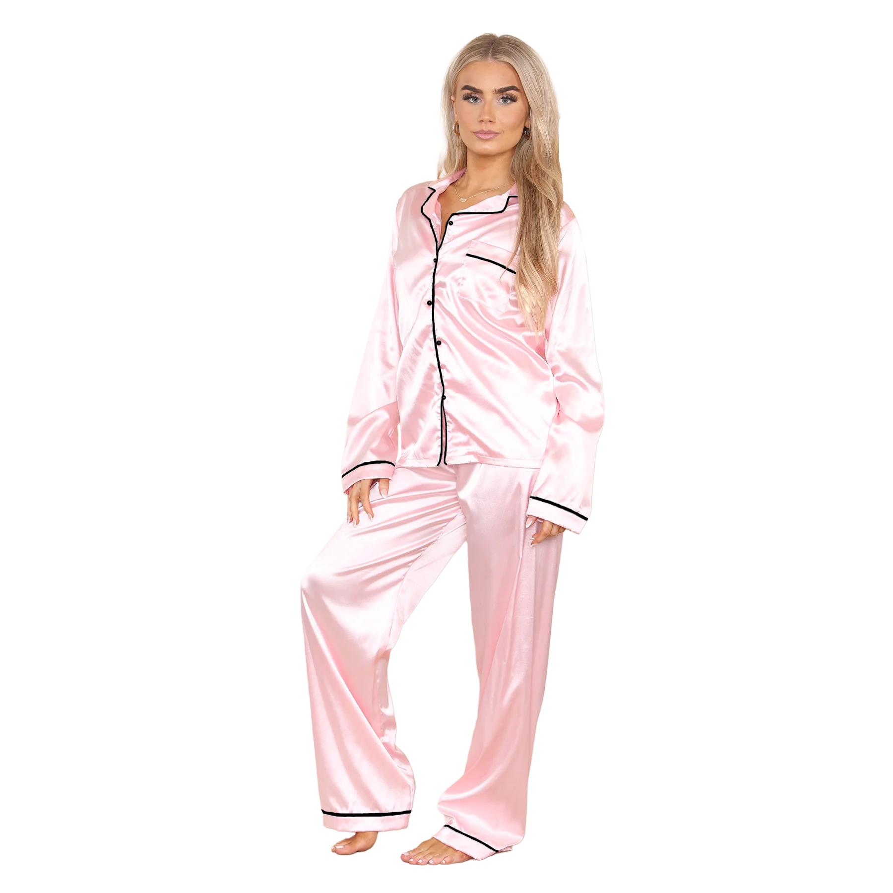 Conjunto de 2 piezas de pijama de satén de manga larga con botones camisa pantalón para damas - Imagen 3 de 43