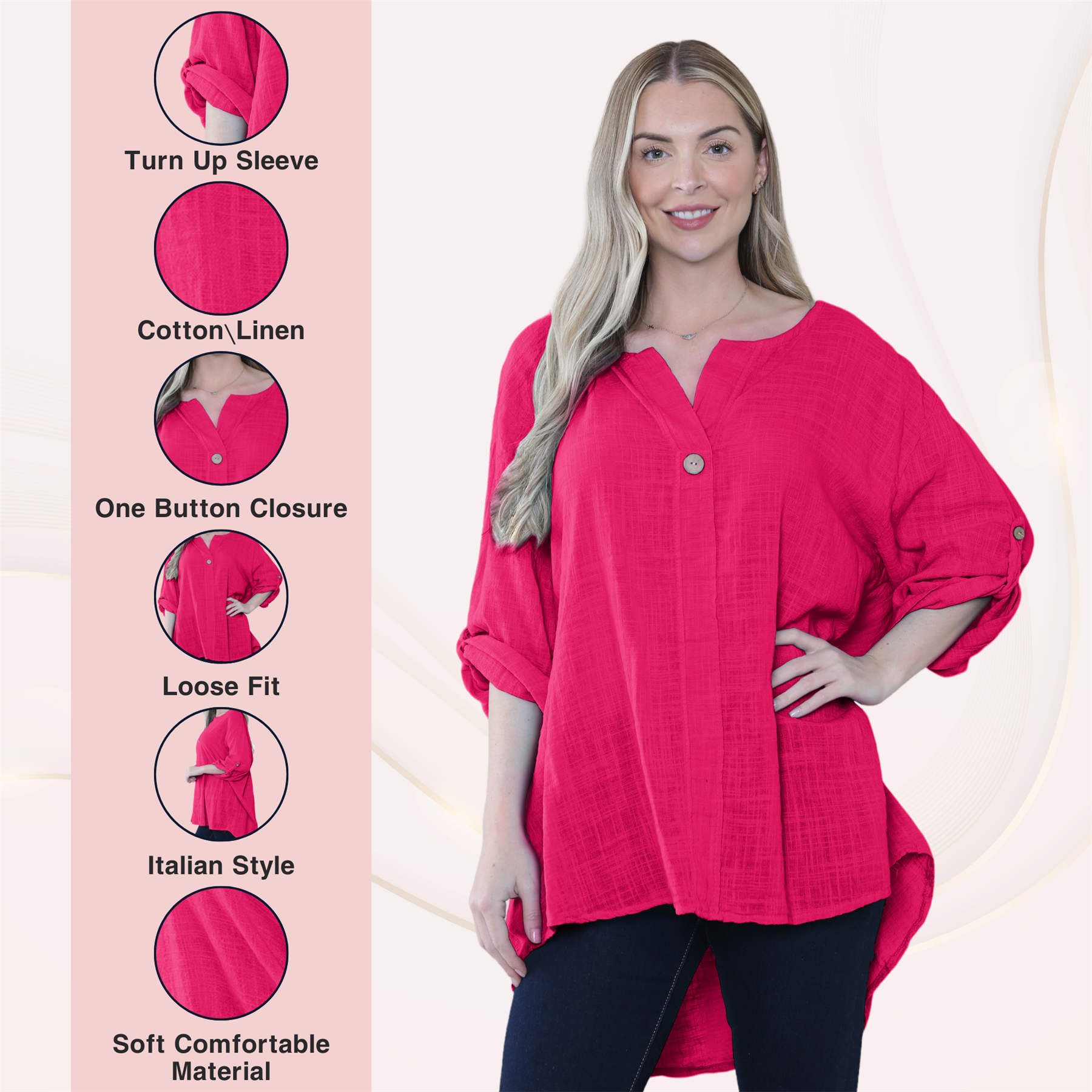 Camiseta informal lisa de lino y algodón con un botón de manga giratoria italiana para dama - Imagen 16 de 63
