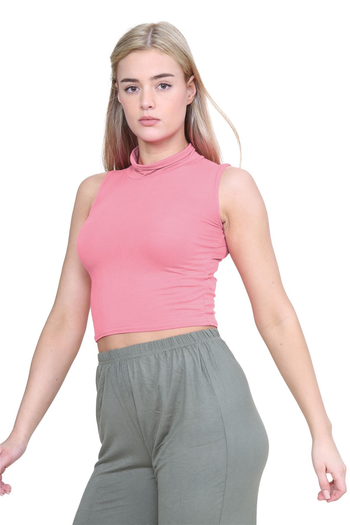 Womens Sleeveless Crop Top Ladies High Turtle Neck Plain Stretchy T-Shirt Vest - Picture 35 of 165