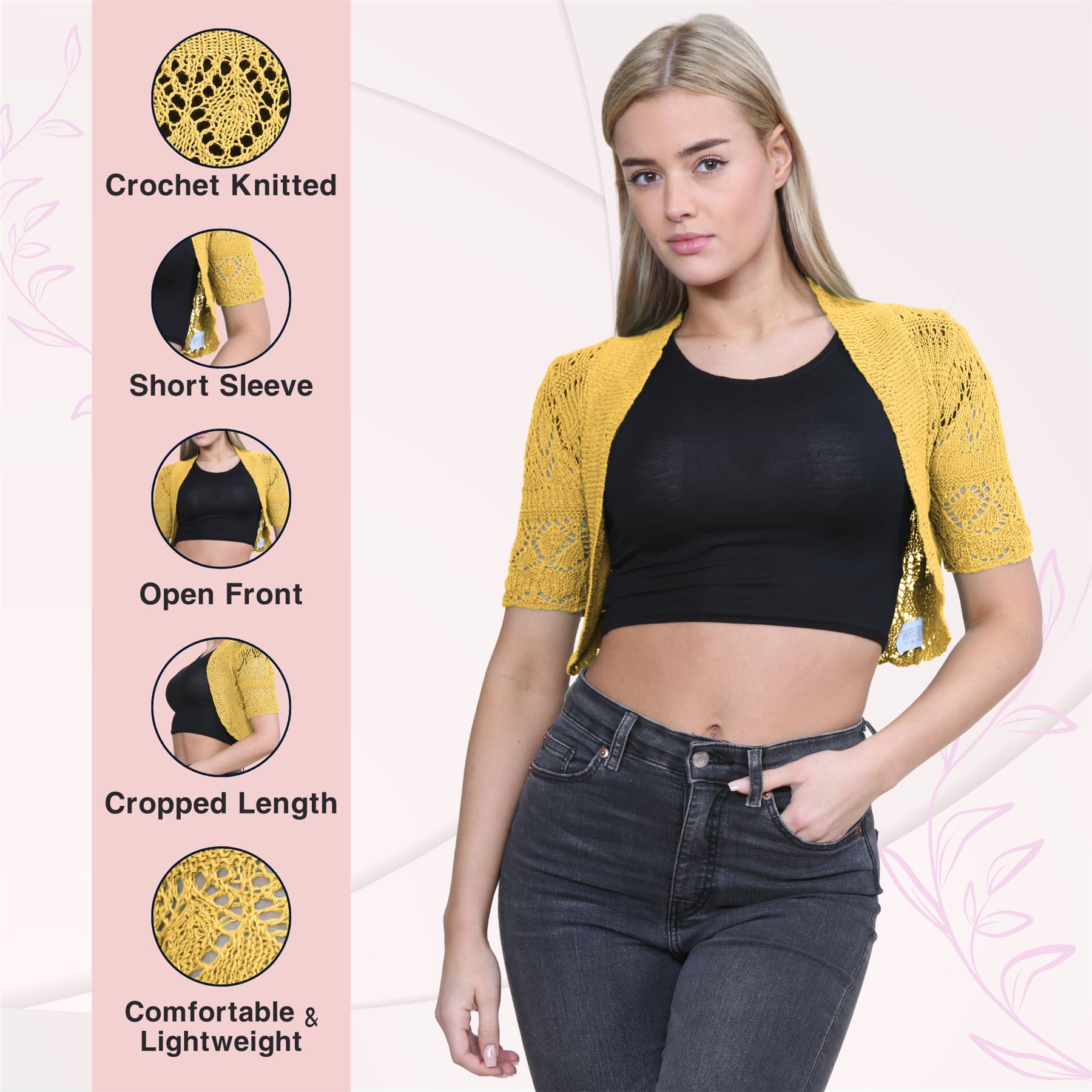 Womens Crochet Knitted Bolero Shrug Short Sleeve Open Front Cardigan Crop Top - Picture 101 of 186