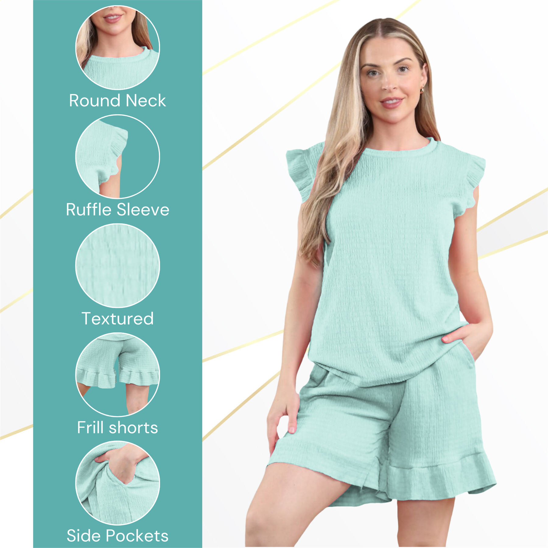 Conjunto corto de 2 piezas italiano para mujer conjunto de ropa de salón de verano con volantes sin mangas - Imagen 5 de 61