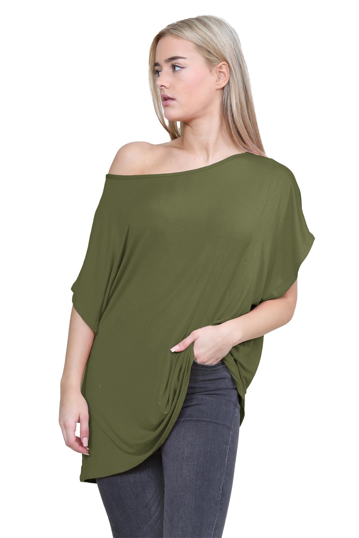 Schulterfreies Damen-T-Shirt Oberteil Fledermausärmel Oversize uni Freizeit Bardot Oberteil - Bild 71 von 225
