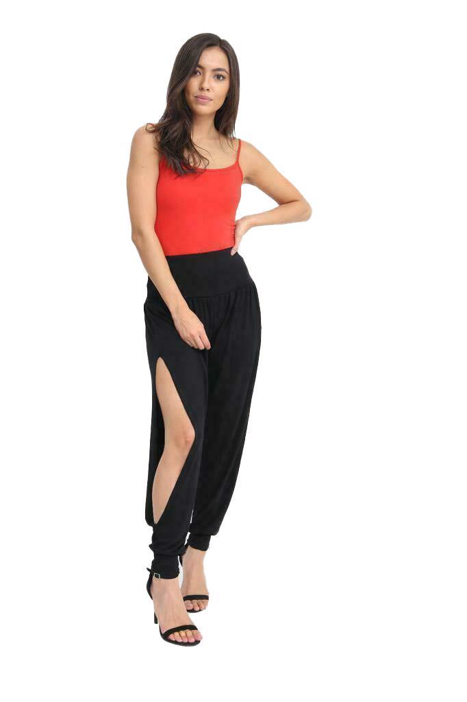Womens Harem Trouser Side Slit Split Plain Ali Baba Cuffed Bottom Dance Leggings - Picture 5 of 5